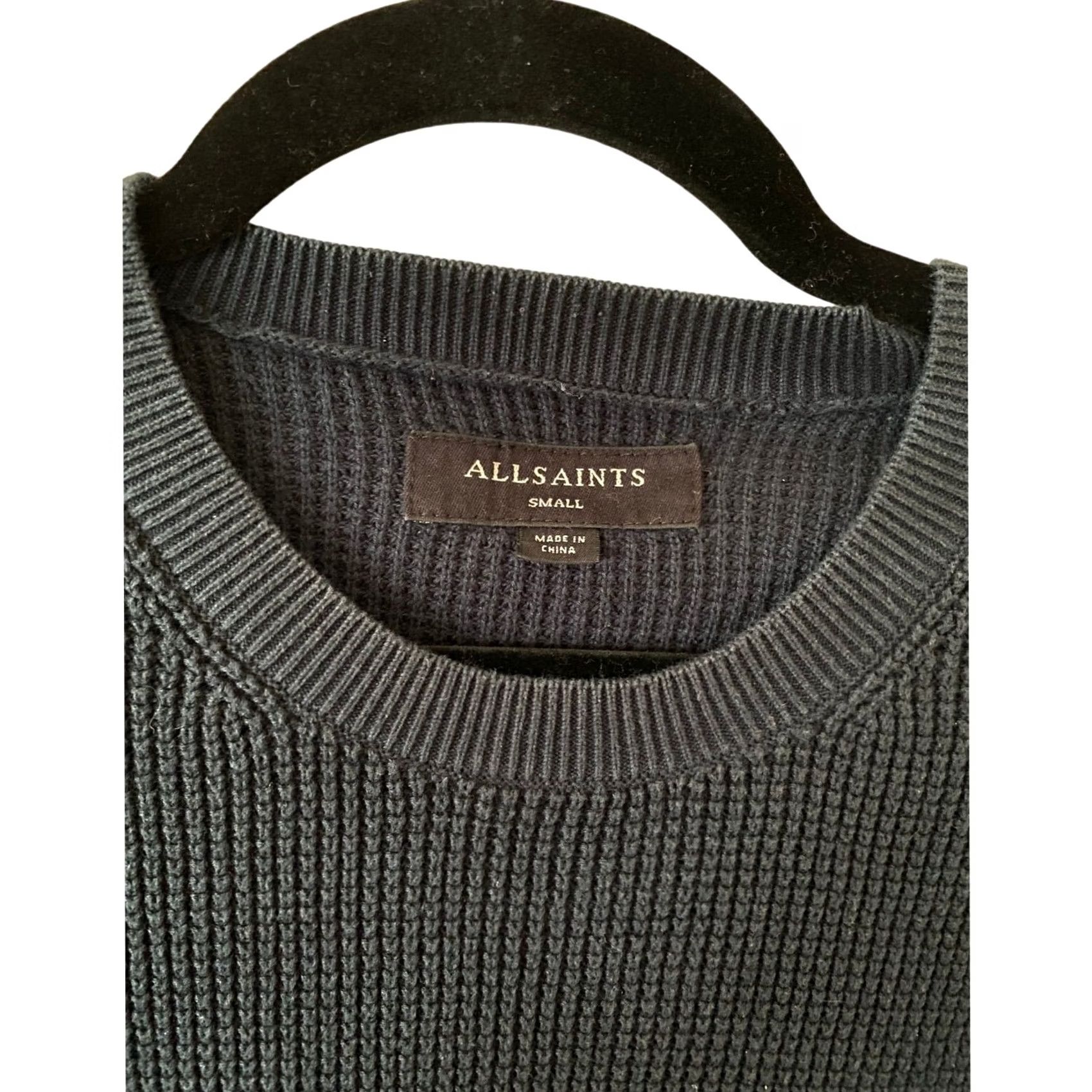 Allsaints AllSaints Men Navy Blue Waffle Knit Pullover Sweater Ramskull Logo Small XS? Size US S / EU 44-46 / 1 - 3 Thumbnail