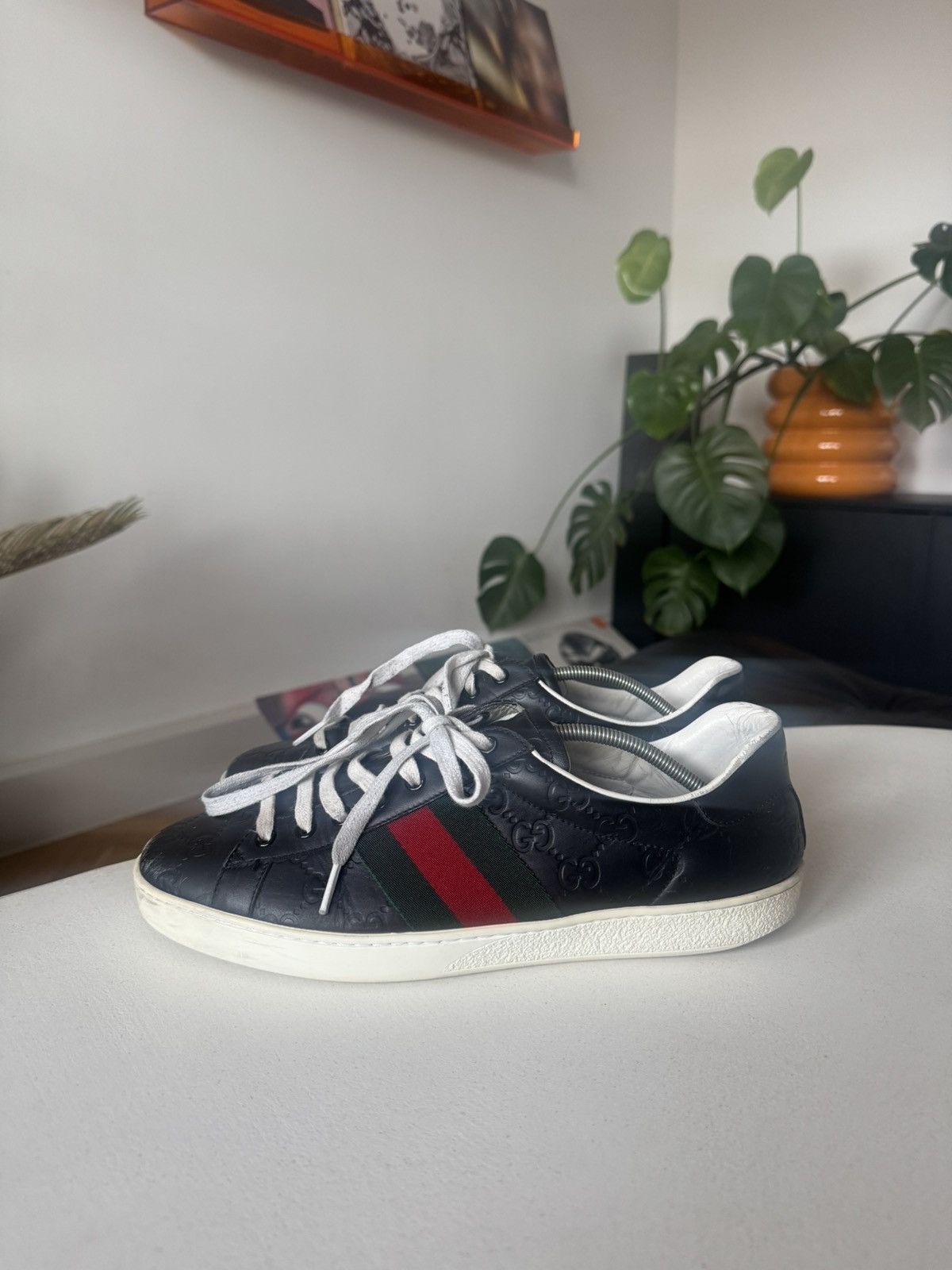 Gucci Ace Black Monogram Leather Sneakers Designer Luxury
