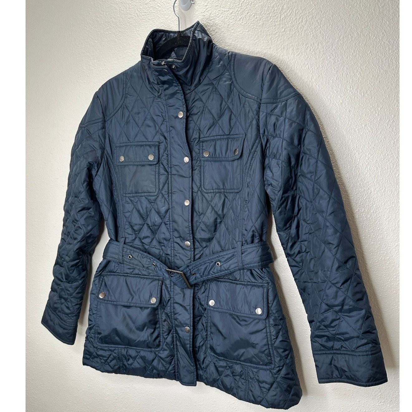 Banana Republic Banana Republic Navy Diamond Quilt Belted Mock Neck Jacket L Size L / US 10 / IT 46 - 3 Thumbnail