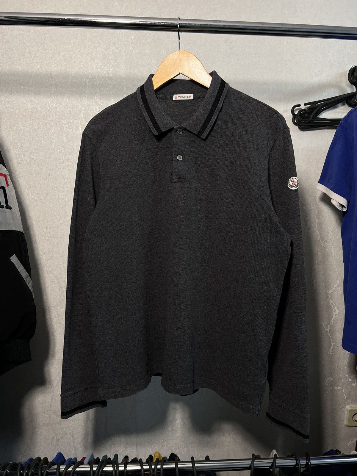 image of Moncler Long Sleeve Maglia Polo Manica Lunga in Grey, Men's (Size XL)