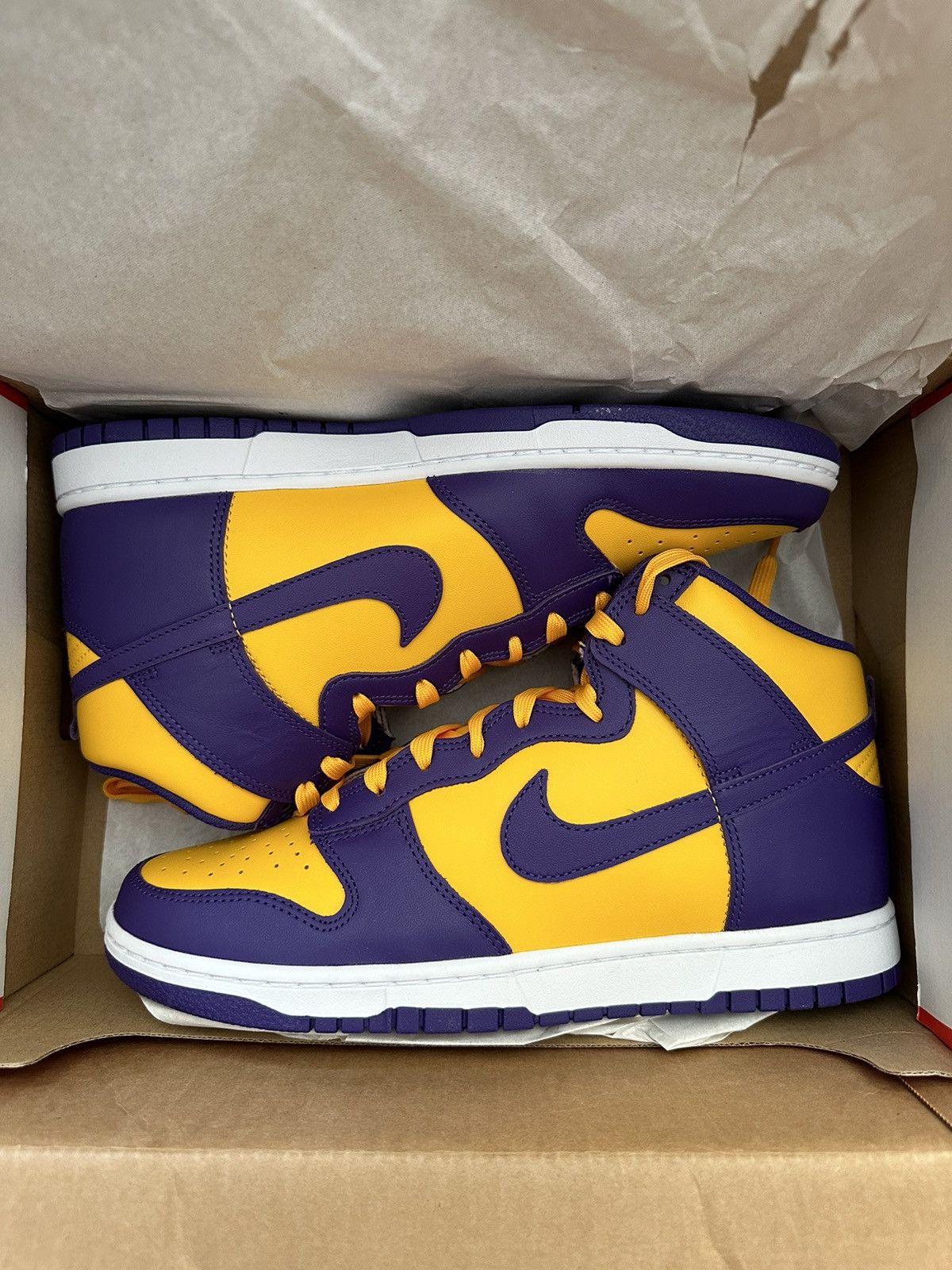 image of Nike Dunk High Lakers Shoes in Purple, Men's (Size 11)