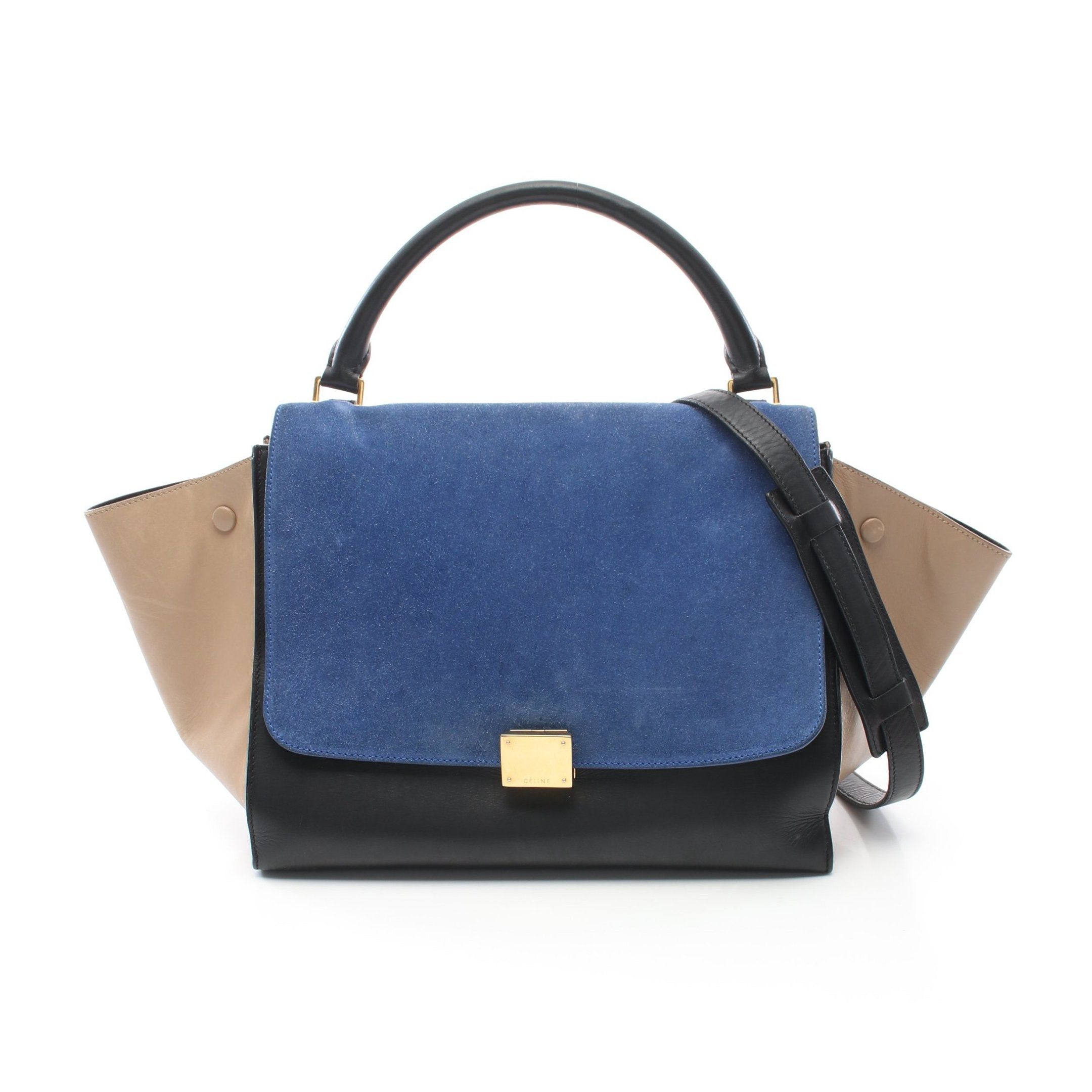 image of Celine Trapeze Handbag Handbag Leather Suede Black Blue Beige 2Way, Women's