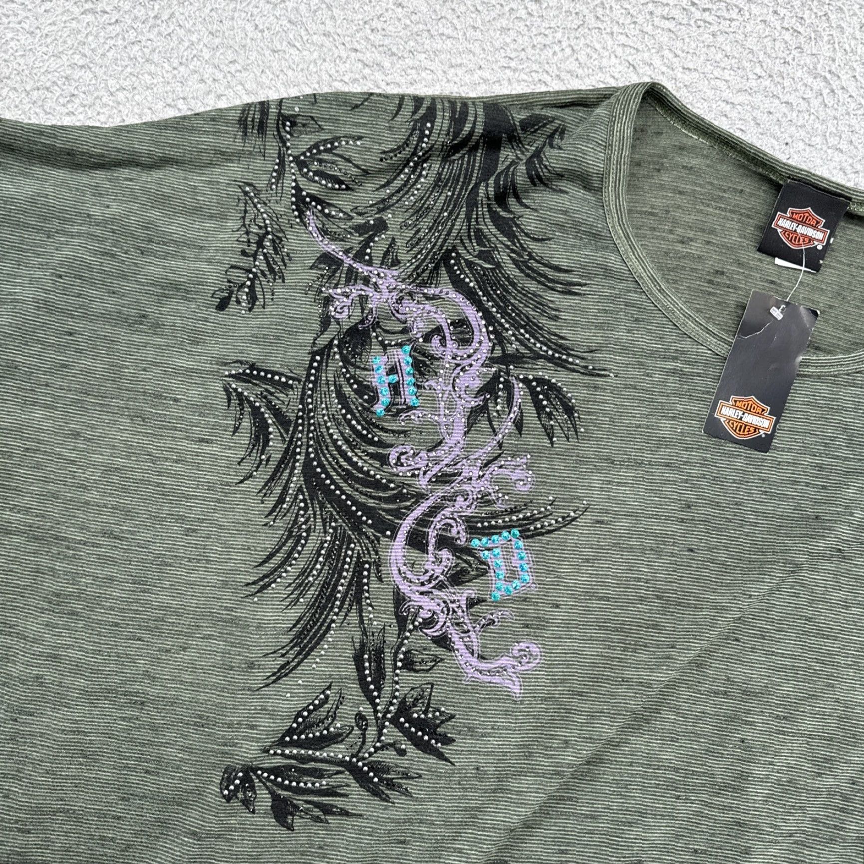 Harley Davidson Harley-Davidson Women's Foliage Long Sleeve Scoop Neck Poncho Shirt XL Green Burnout, T-Shirt, Cotton Blend, Regular, Vintage? Size XL / US 12-14 / IT 48-50 - 2 Thumbnail