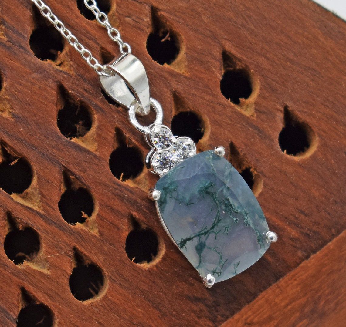 Handmade Natural Moss Agate 925 Sterling Silver Necklace - 18 Inch Size ONE SIZE - 3 Thumbnail