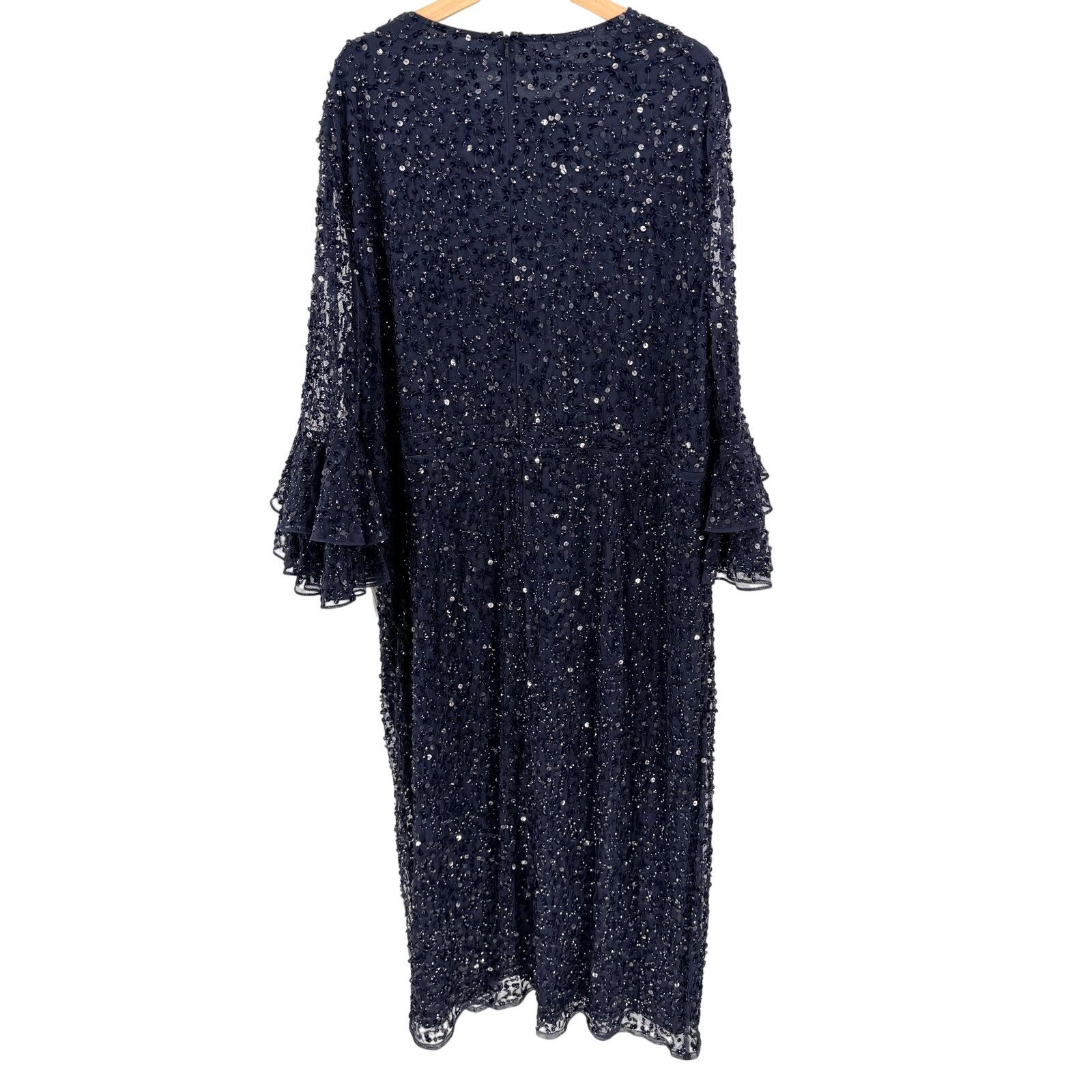 Mac Duggal NWT Navy Blue Sequin Tiered Ruffle Sleeve Cocktail Dress Size 3XL / US 20-22 - 4 Thumbnail