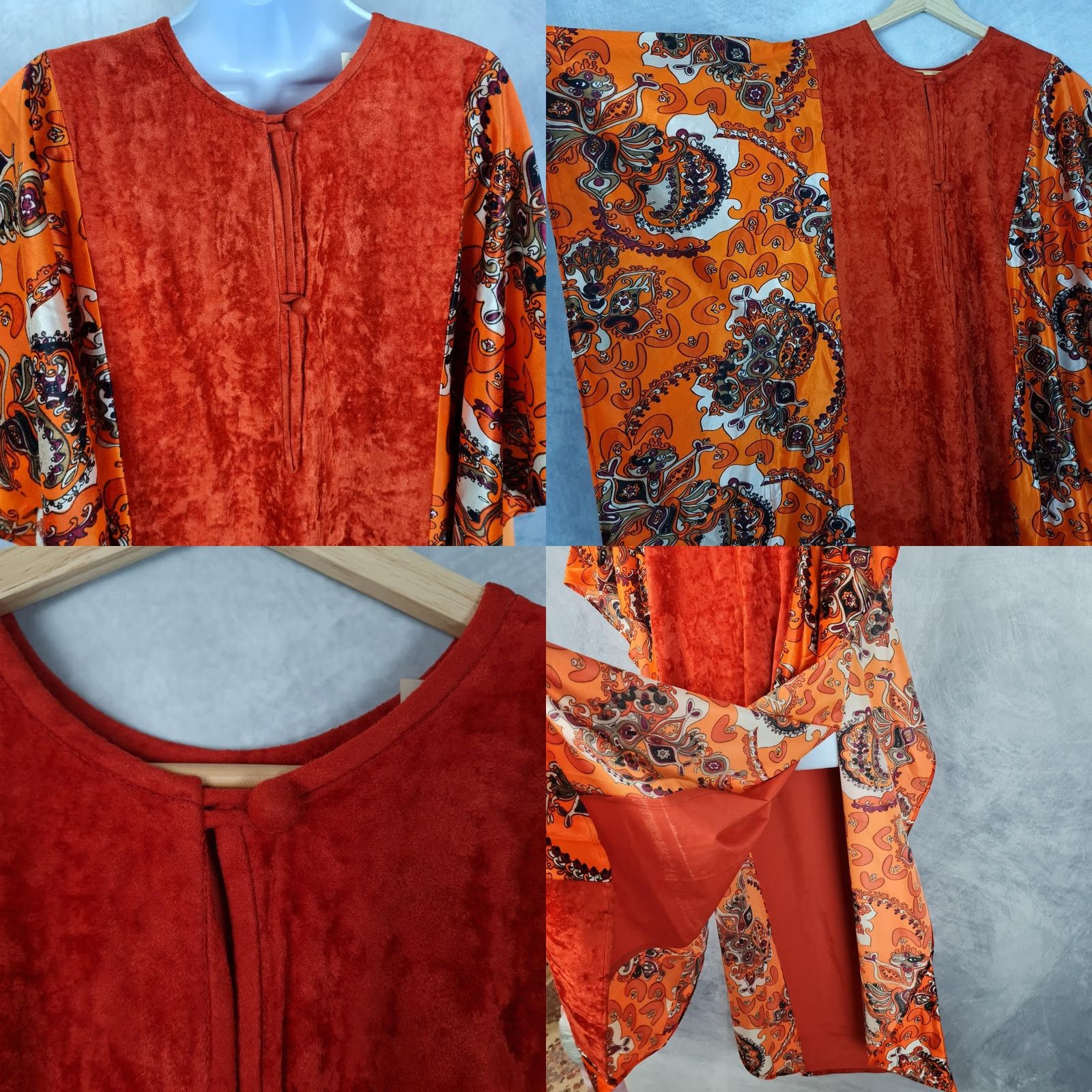 Velvet VINTAGE Maeko's Kaftan Dress Womens One Size Orange Velvet Paisley Maxi 70s Size ONE SIZE - 10 Thumbnail