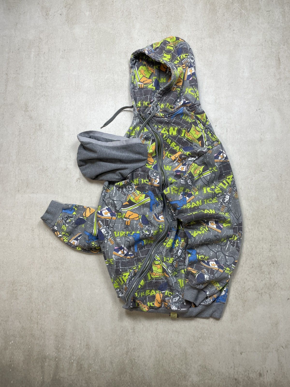 image of Rap Tees Very Vintage Y2K Irezumi Double Hood Zip Hoodie Baggy in Grey, Men's (Size 2XL)