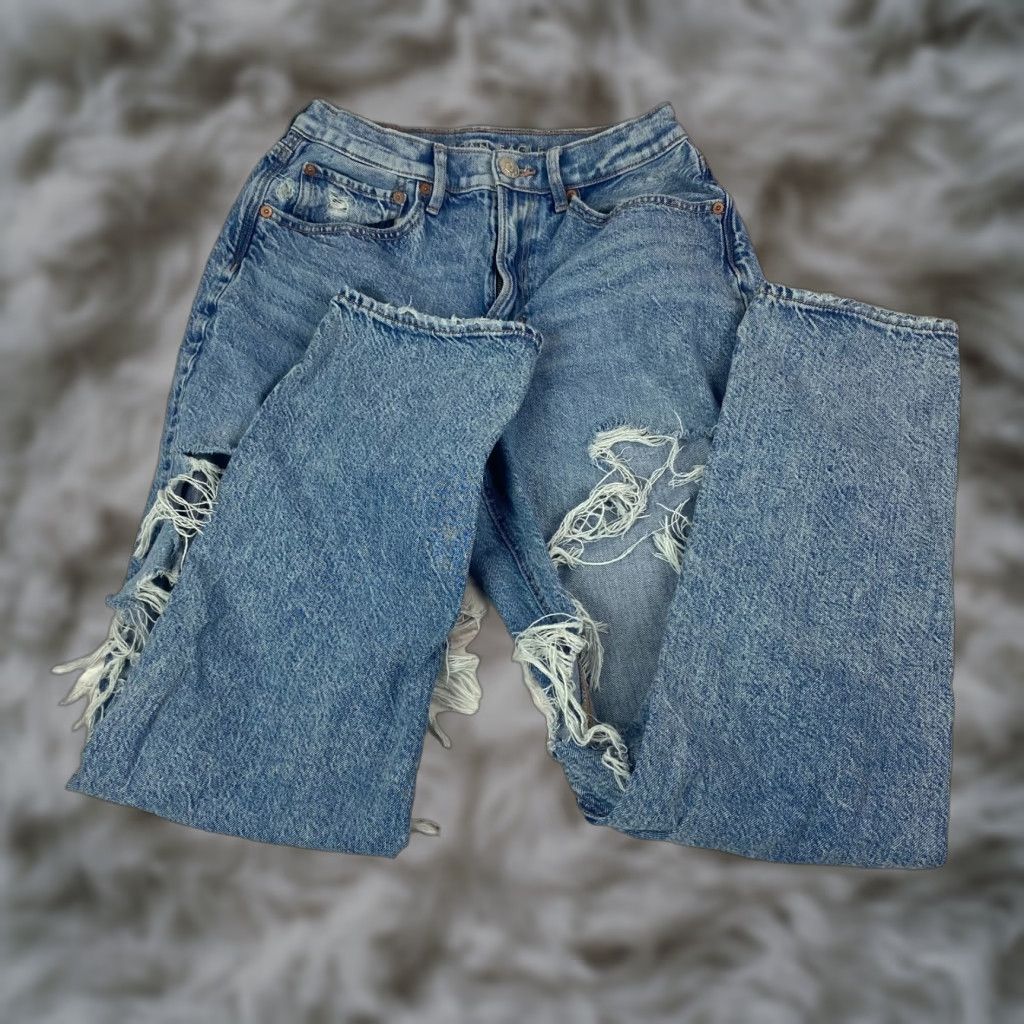 American Eagle Outfitters American Eagle Womens Baggy Jeans High Rise Straight Leg Distressed Ripped Sz 6 Size 28" / US 6 / IT 42 - 1 Thumbnail