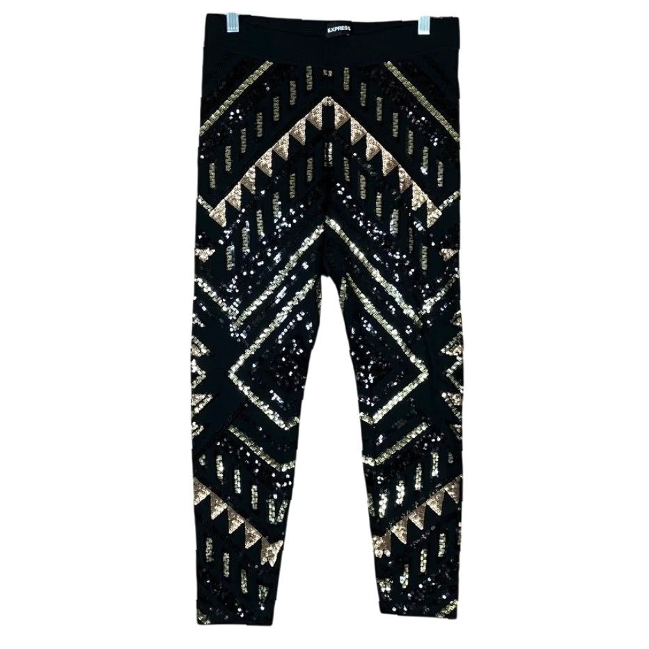 Express Express Womens Pants Black Gold Sequin High Rise Pull On Legging Stretch S Small Holiday? (Stop) Size 28" / US 6 / IT 42 - 2 Thumbnail