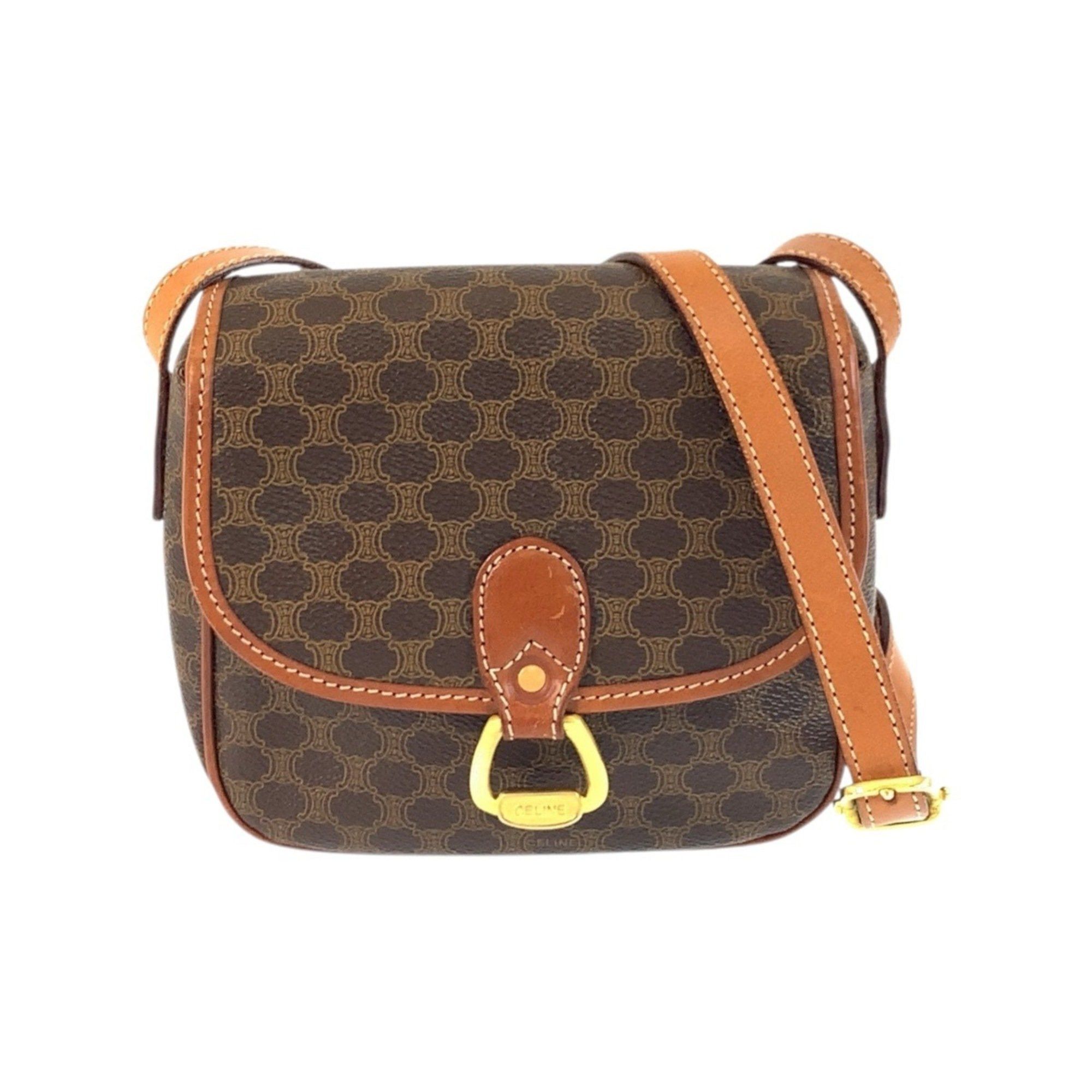 CELINE Vintage Macadam Brown Gold Hardware Leather MO7 Shoulder