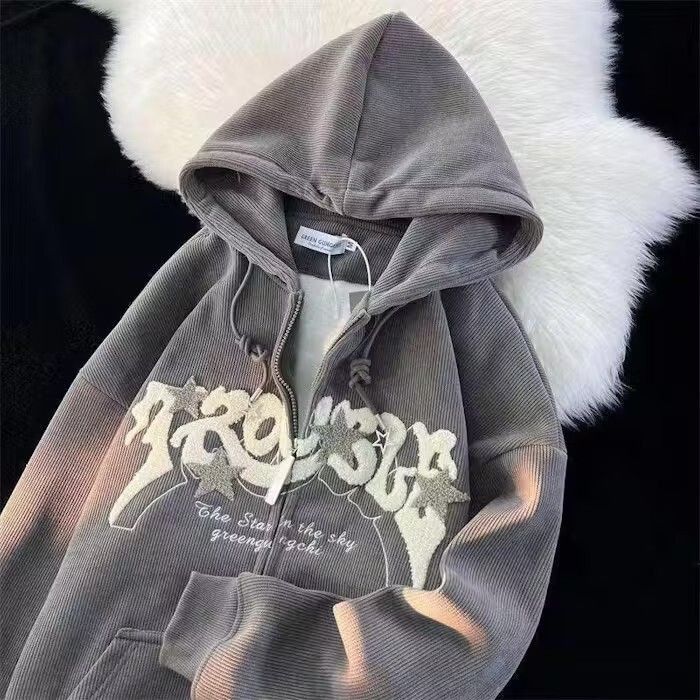 image of Vintage Zip Up Embroidered Hoodie Y2K, Streetwear Hoodie in Grey, Men's (Size Medium)