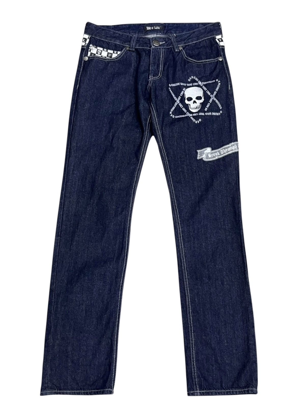 Japanese Brand FYE🔥WILD LIFE Punk Skull Embroidered Punk Denim L 31” Size US 31 - 3 Thumbnail