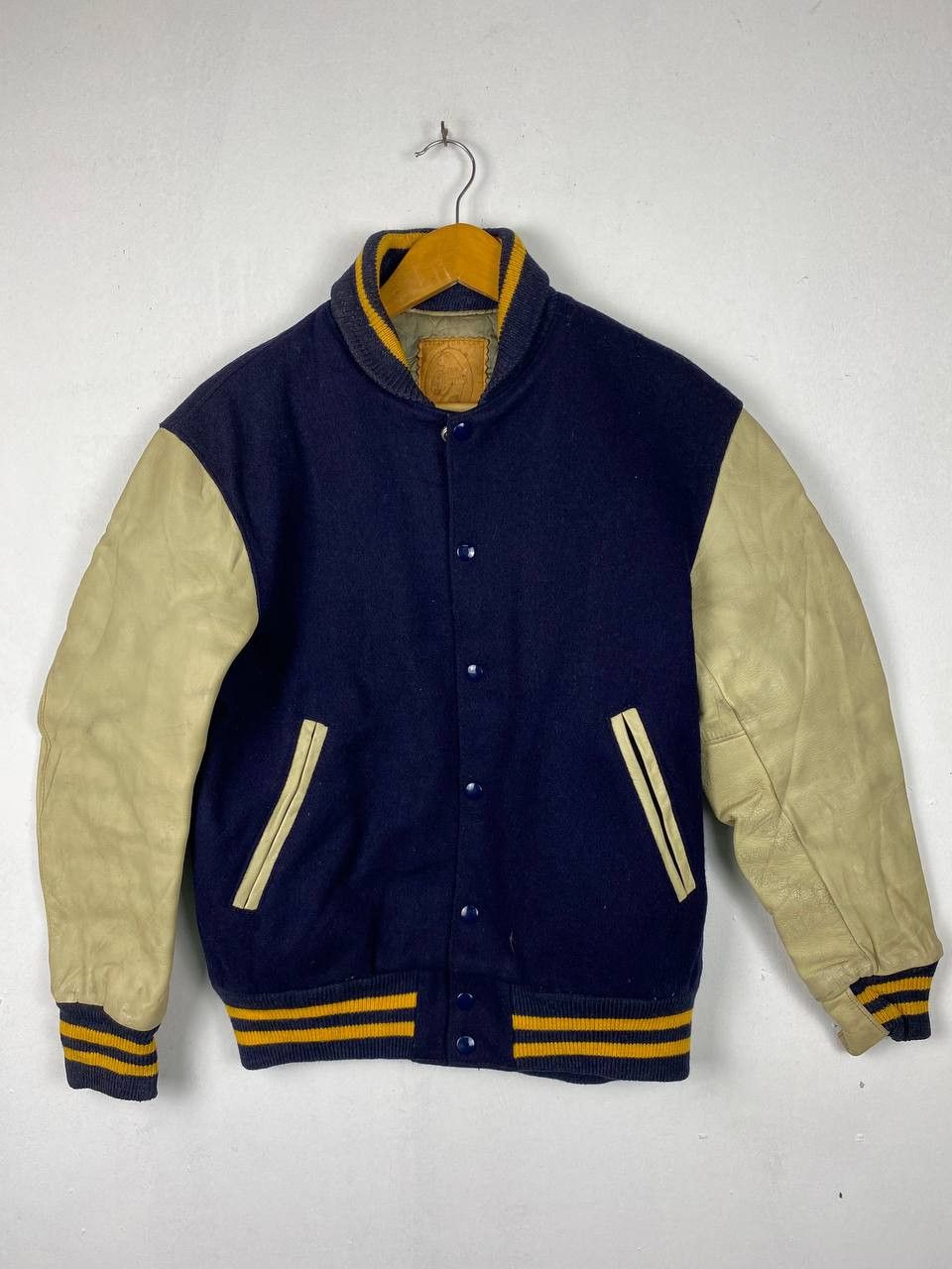 vintage 70s/80s golden bear varsity jacket leather sleeves