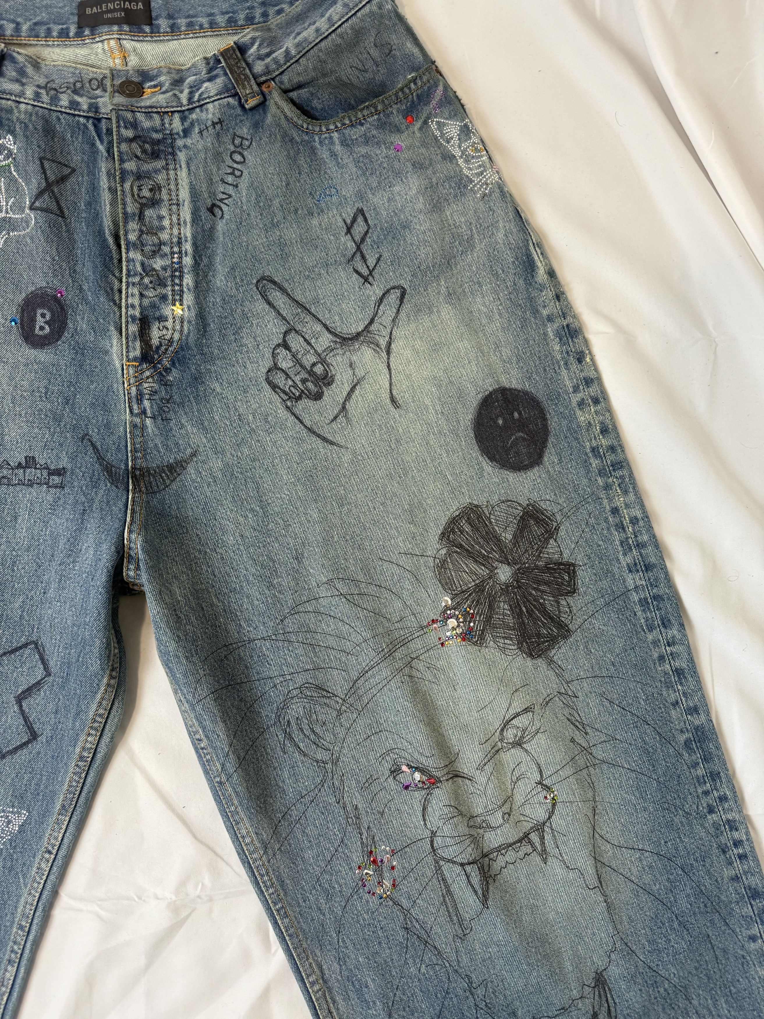 Balenciaga Wide-leg diamond graffiti jeans Size US 32 / EU 48 - 4 Thumbnail