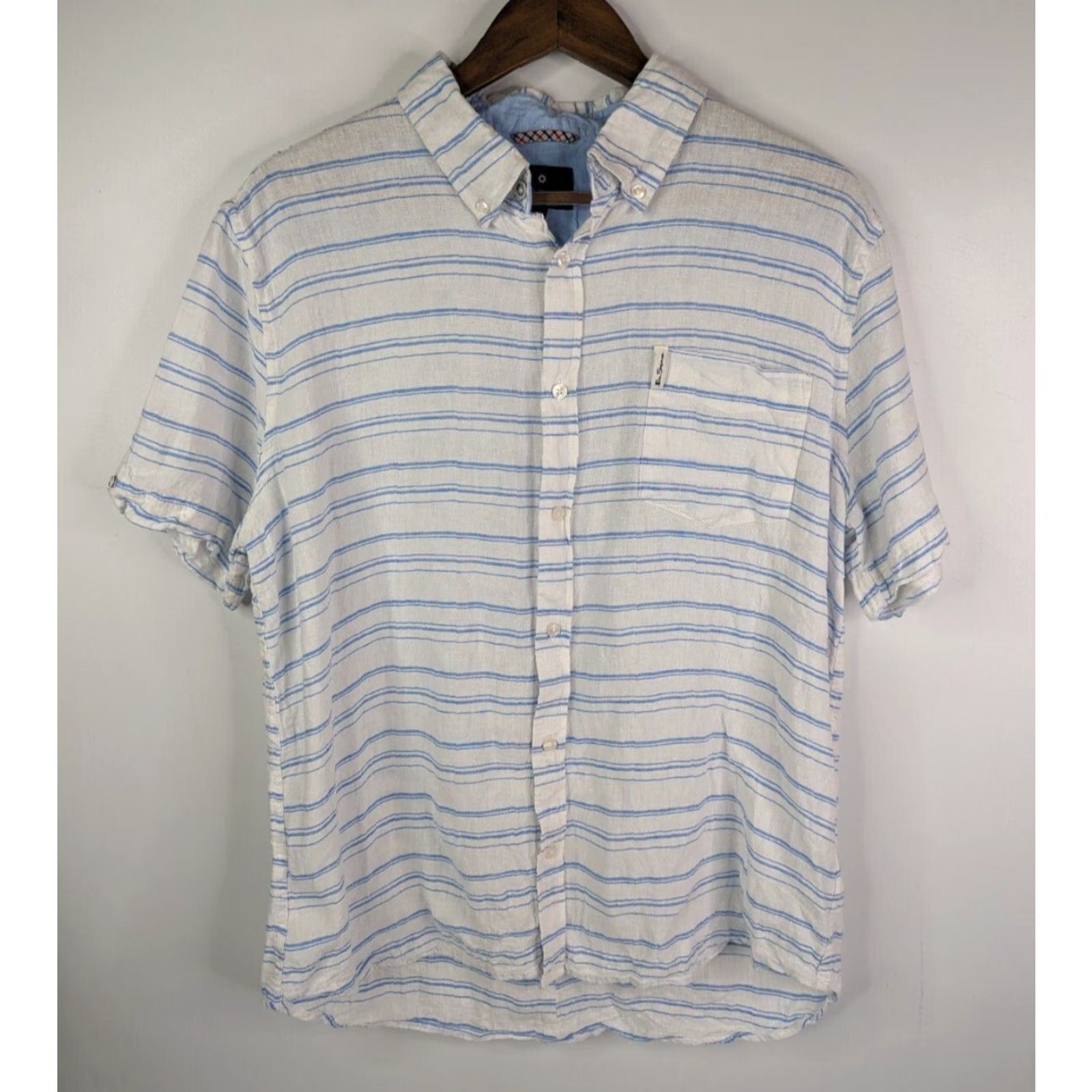 Ben Sherman Ben Sherman Shirt Button-Down Short Sleeve Linen Rayon Striped White Blue XL Mens Size US XL / EU 56 / 4 - 2 Thumbnail