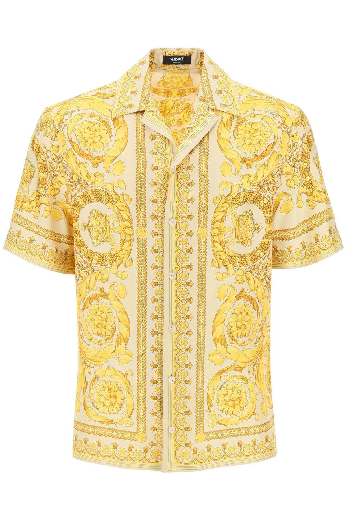 Image of Versace O1S22I1N0124 Barocco Bowling Shirt In Yellow Beige, Men's (Size Small)