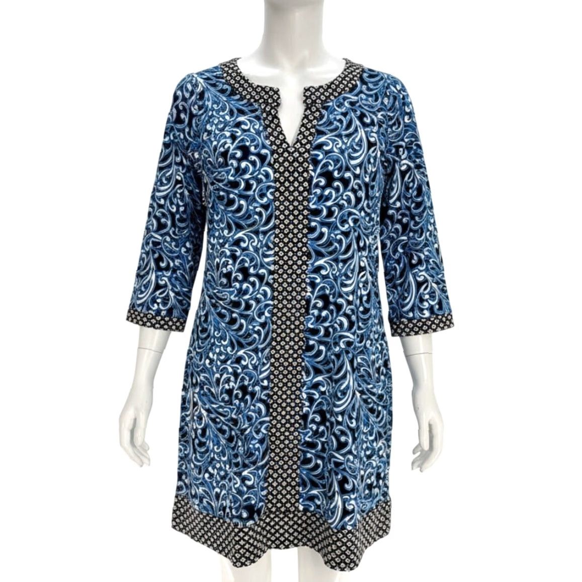 Liz Claiborne Liz Claiborne Dress L Blue Black Long Sleeve Bohemian Paisley Knee Length Shift Pullover Casual Women Size L / US 10 / IT 46 - 2 Thumbnail