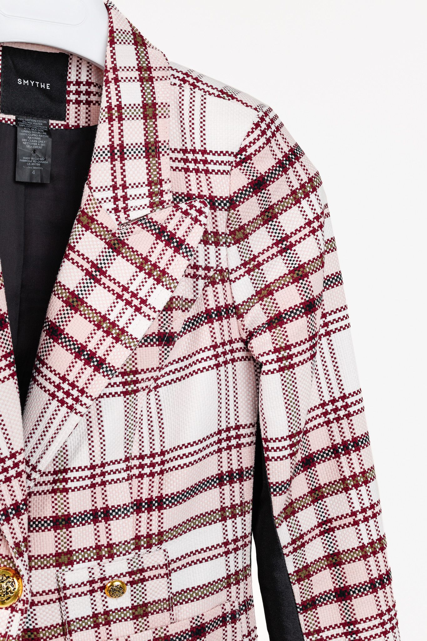 SMYTHE Smythe Blush & Black Plaid Tuxedo Stripe Cotton Blazer Size S / US 4 / IT 40 - 5 Thumbnail