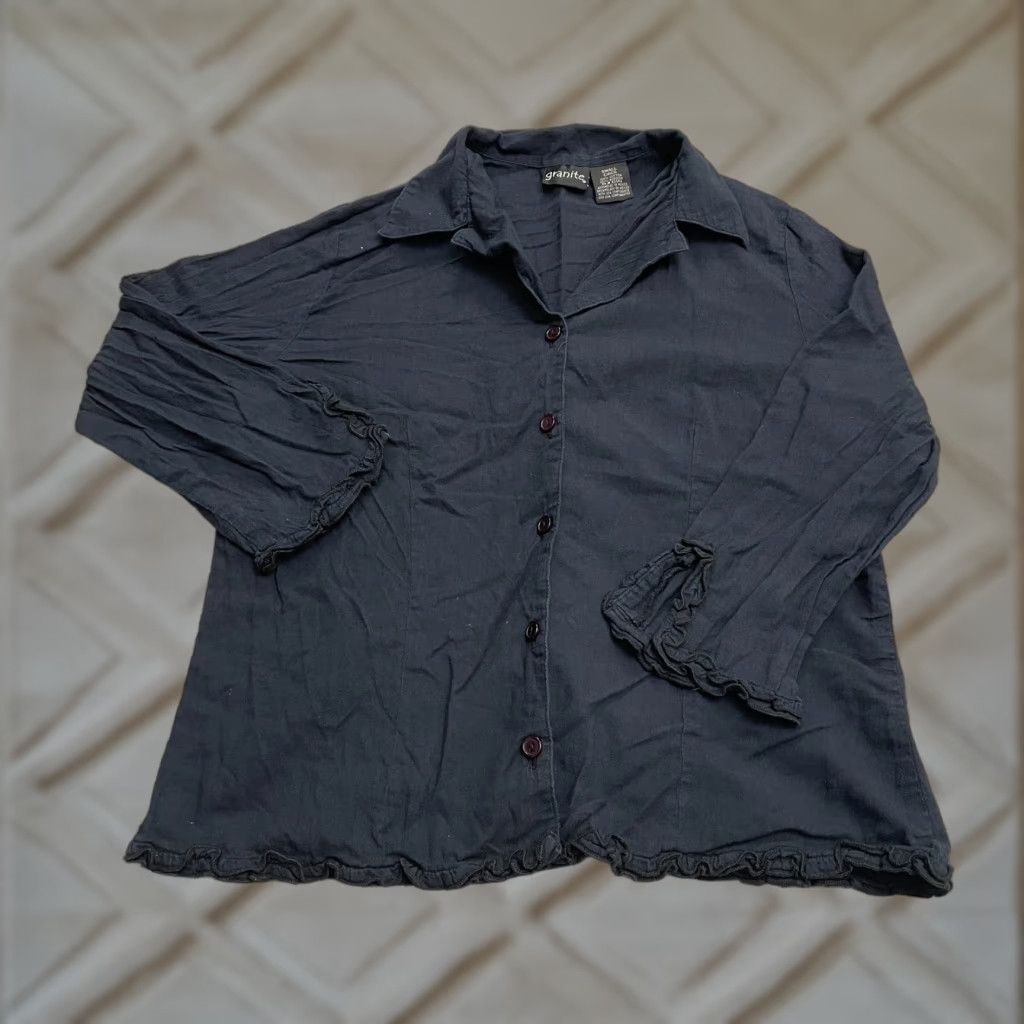Vintage Granite Button-Down Blouse Womens S Navy Blue Long Sleeve Collared 100% Cotton Ruffle Top Size S / US 4 / IT 40 - 1 Thumbnail