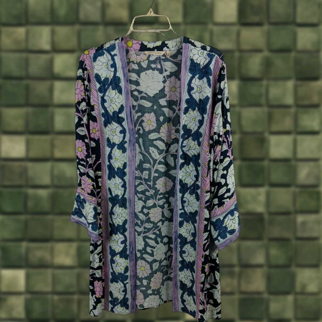 Soft Surroundings VINTAGE Soft Surroundings Topper Kimono Bohemian Open Collarless 3/4 Sleeve Floral Blue Pink - Women S Size S / US 4 / IT 40 - 1 Thumbnail