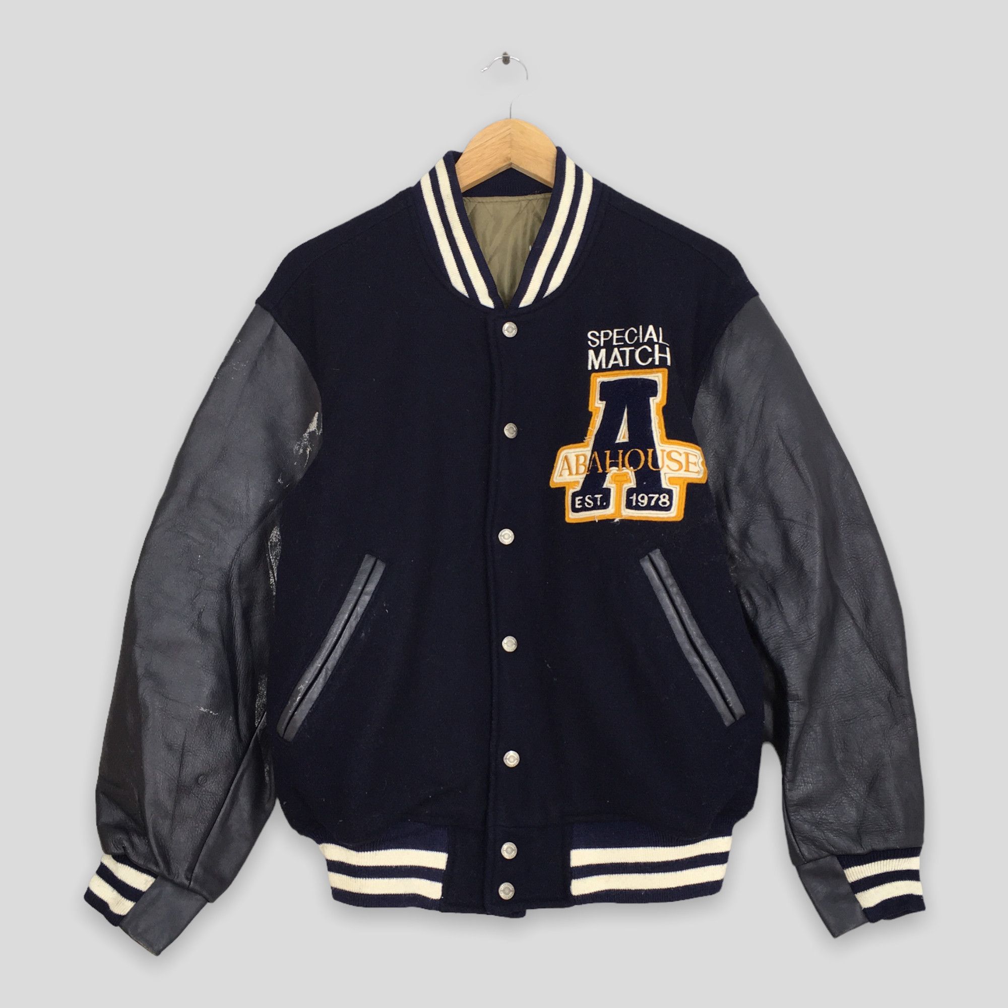 image of Vintage Abahouse Japan Wool Leather Varsity Jacket Medium in Black, Men's