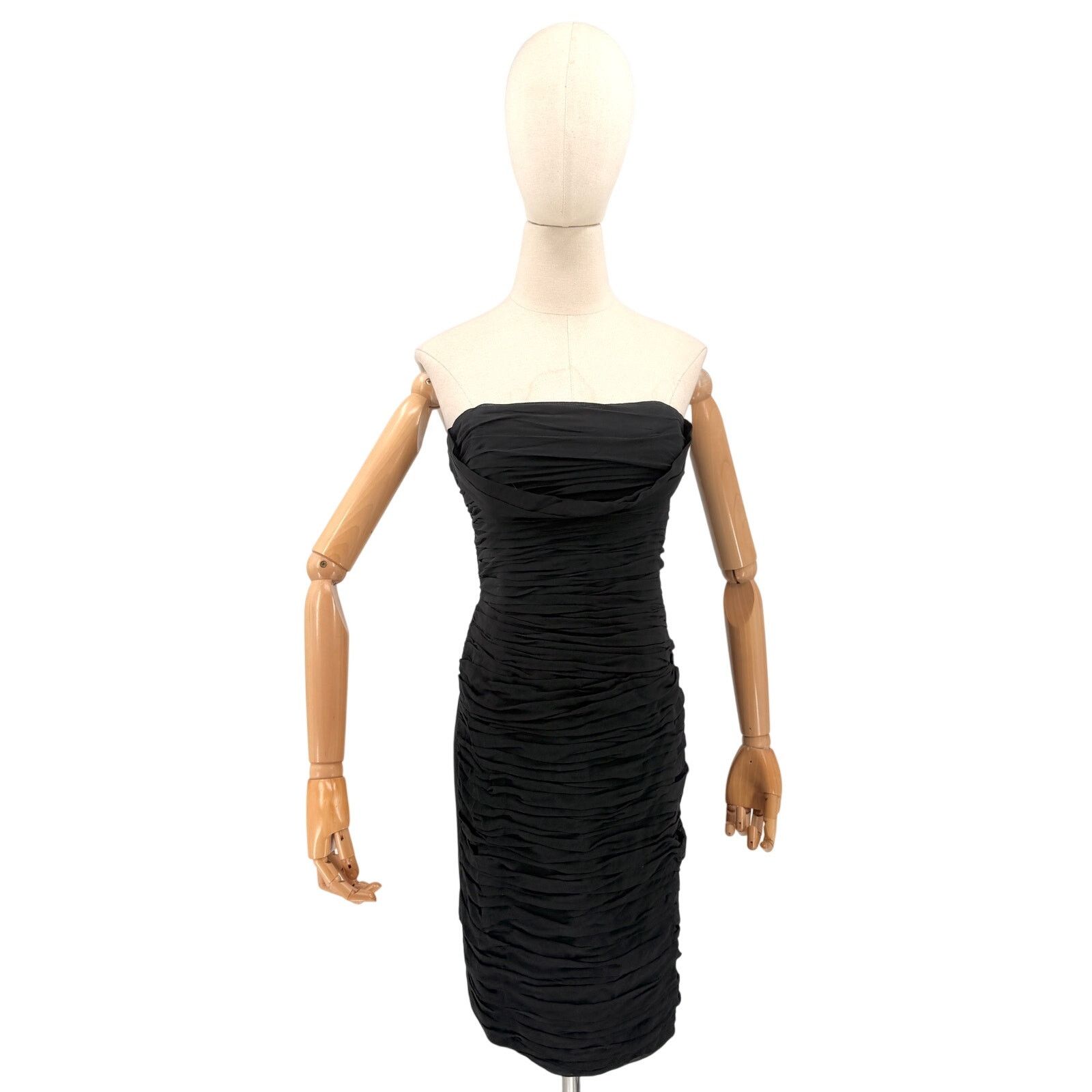 Vintage Vintage 90s Black 100% Silk Ruched Strapless Midi Dress Size L / US 10 / IT 46 - 1 Thumbnail