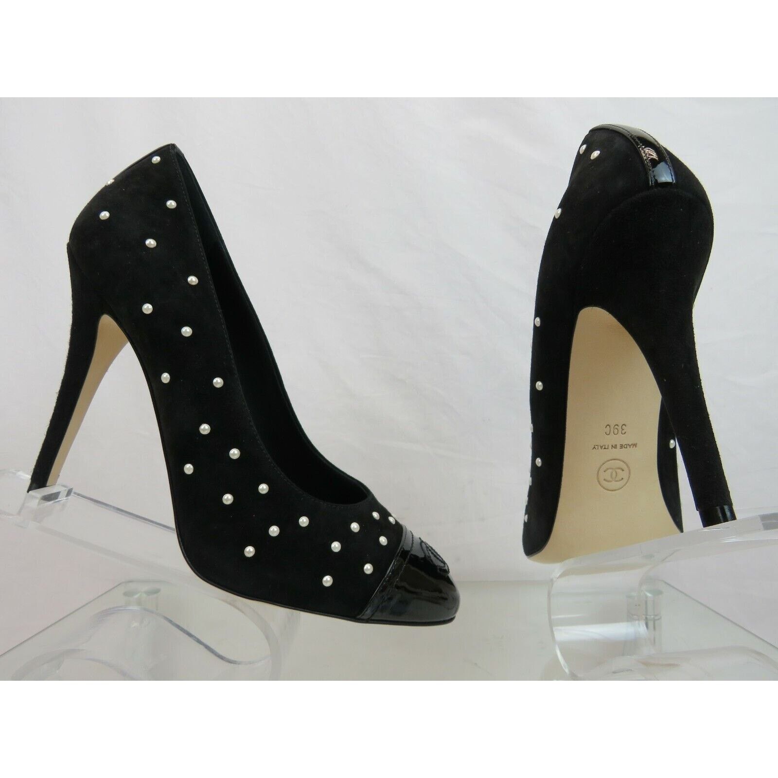 Chanel G33422 BLACK SUEDE PATENT LEATHER CAP TOE PEARLS PUMPS 39 Size US 9 / IT 39 - 8 Thumbnail