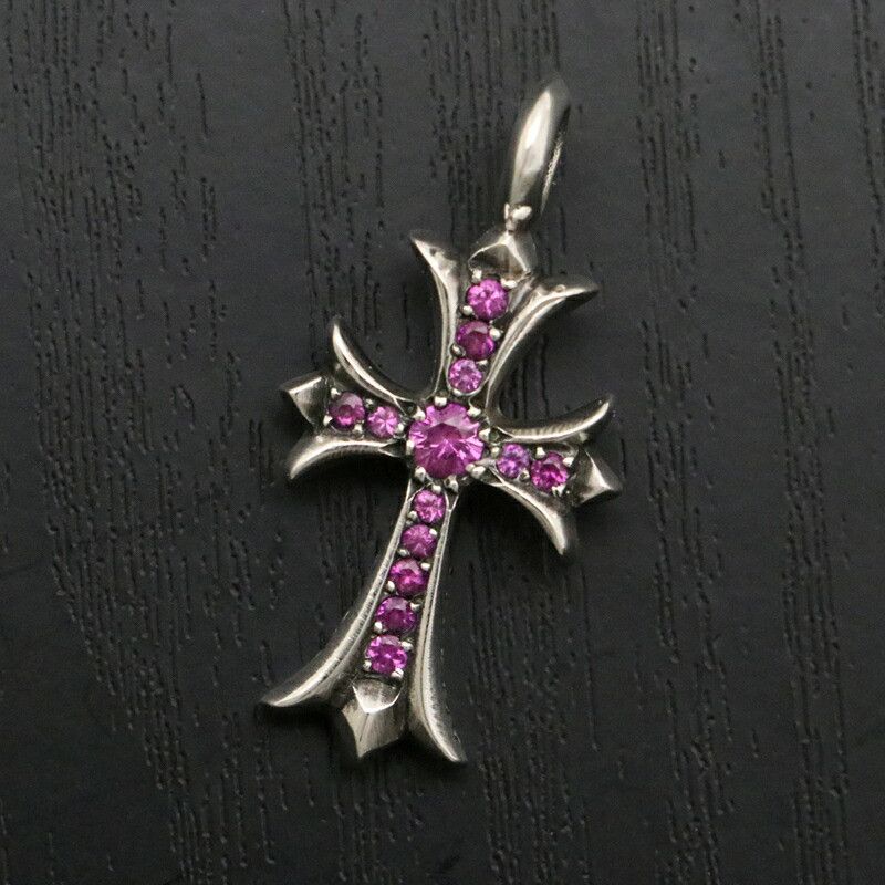 Pre-owned Chrome Hearts Pink Sapphire Tiny Cross Pendant In Silver