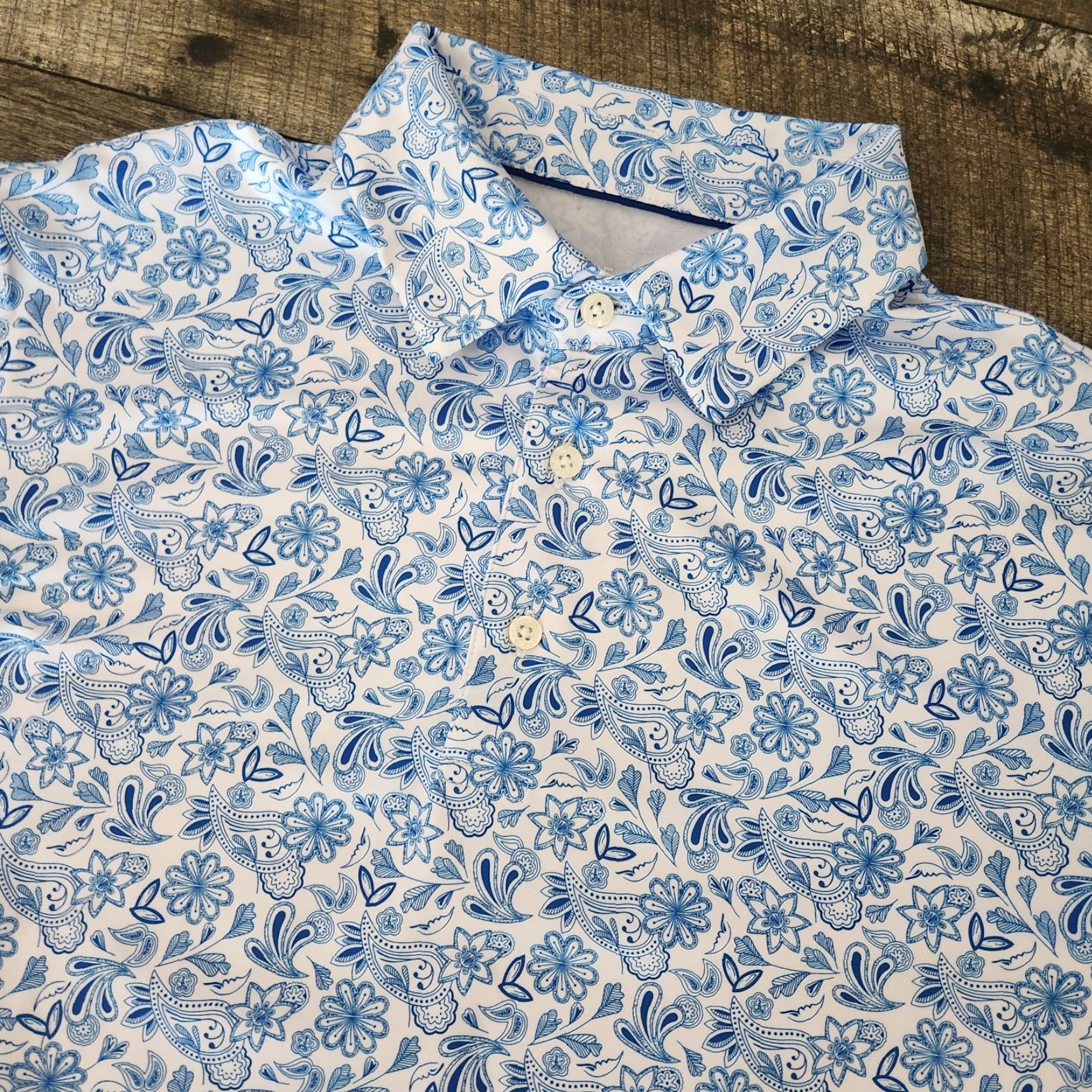 Vintage Maelreg Performance Polo Floral Paisley Pattern Blue Shirt Mens M Regular Short Sleeve Golf AOP Lightweight Stretch Breathable Button Logo Embroidered Size US M / EU 48-50 / 2 - 2 Thumbnail