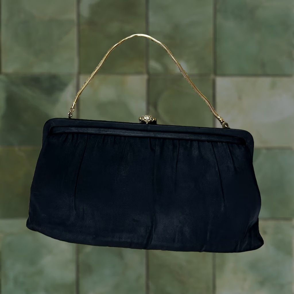Vintage VINTAGE Satin Bag Clutch Purse Wedding Prom Evening Formal Chain Rhinestone Clutch Purse Small Black Womens Size ONE SIZE - 1 Thumbnail