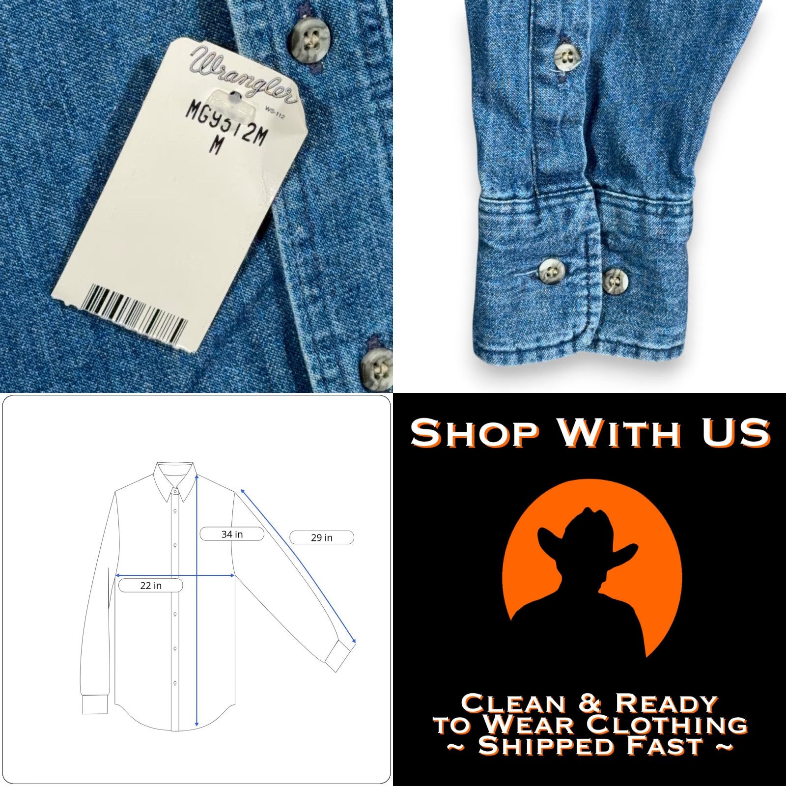 Wrangler VINTAGE Wrangler Shirt Adult MEDIUM Blue Denim Gold Buckle Deadstock Tags 90s Size US M / EU 48-50 / 2 - 8 Thumbnail