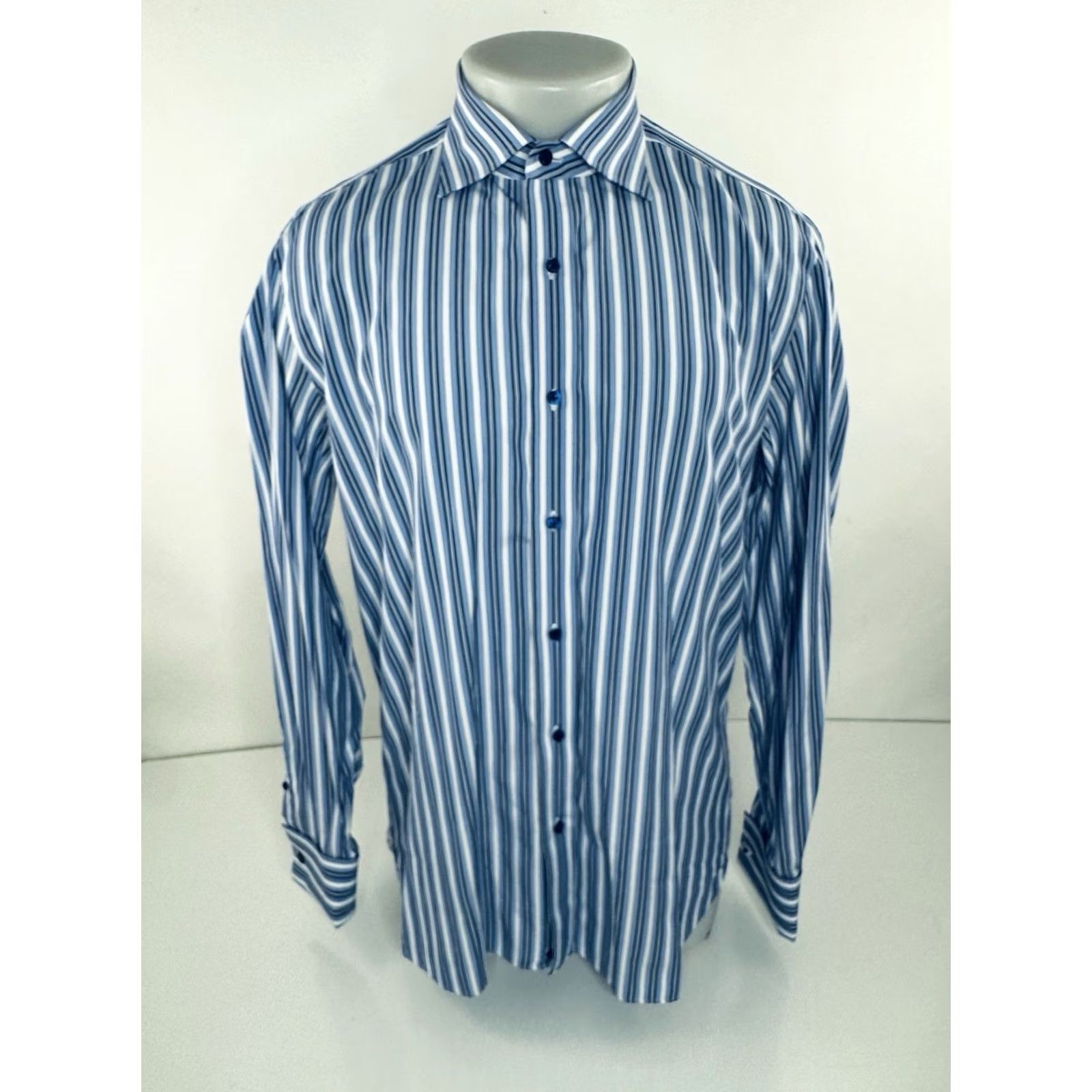 Isaia ISAIA Striped French Cuff Mens 16 / 41 Shirt Dress Shirt EXCELLENT Blue / White 41 16 V1 Mens Size US L / EU 52-54 / 3 - 2 Thumbnail