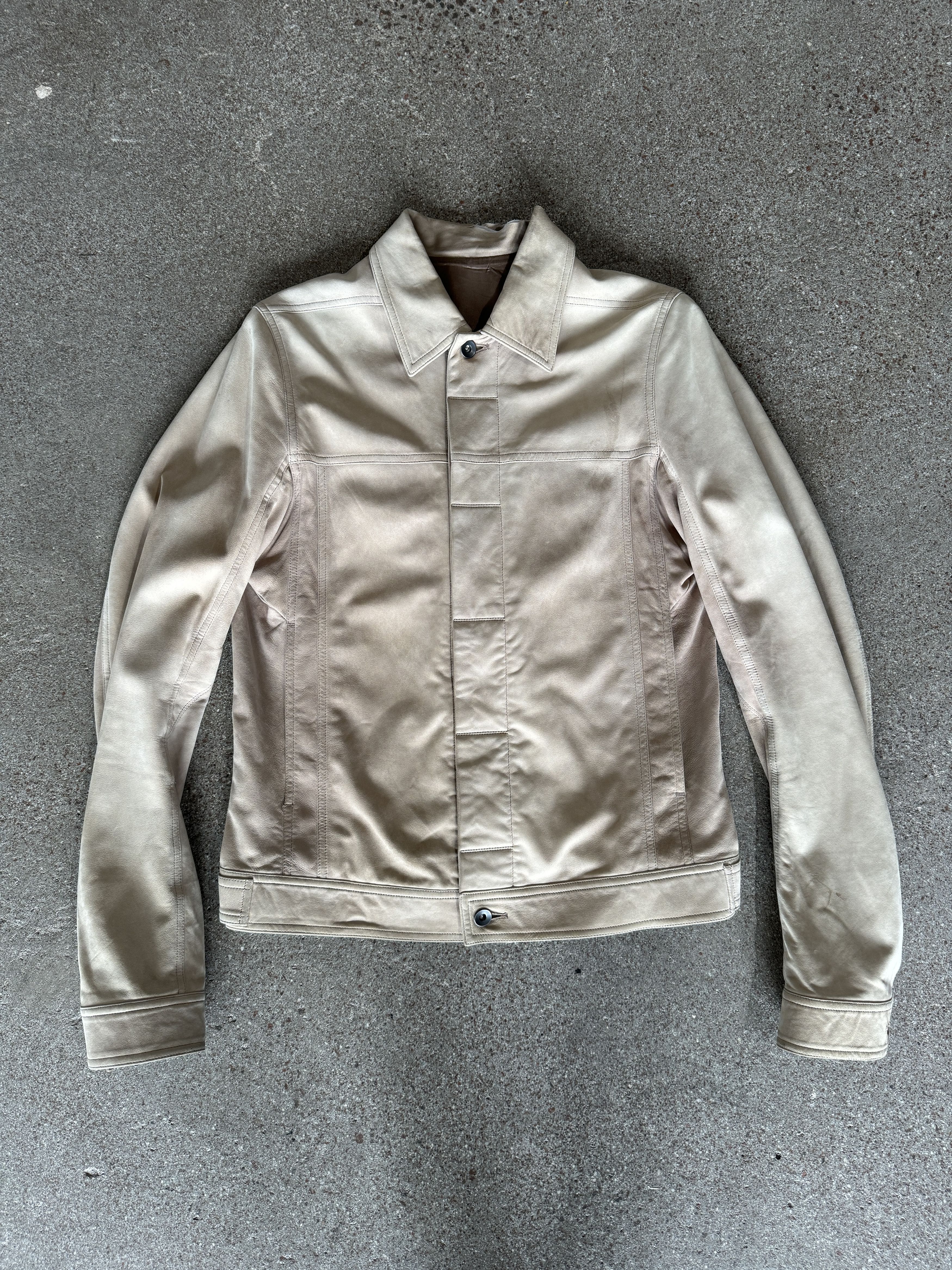 image of Rick Owens Lamb Leather Trucker Jacket in Tan, Men's (Size Medium)