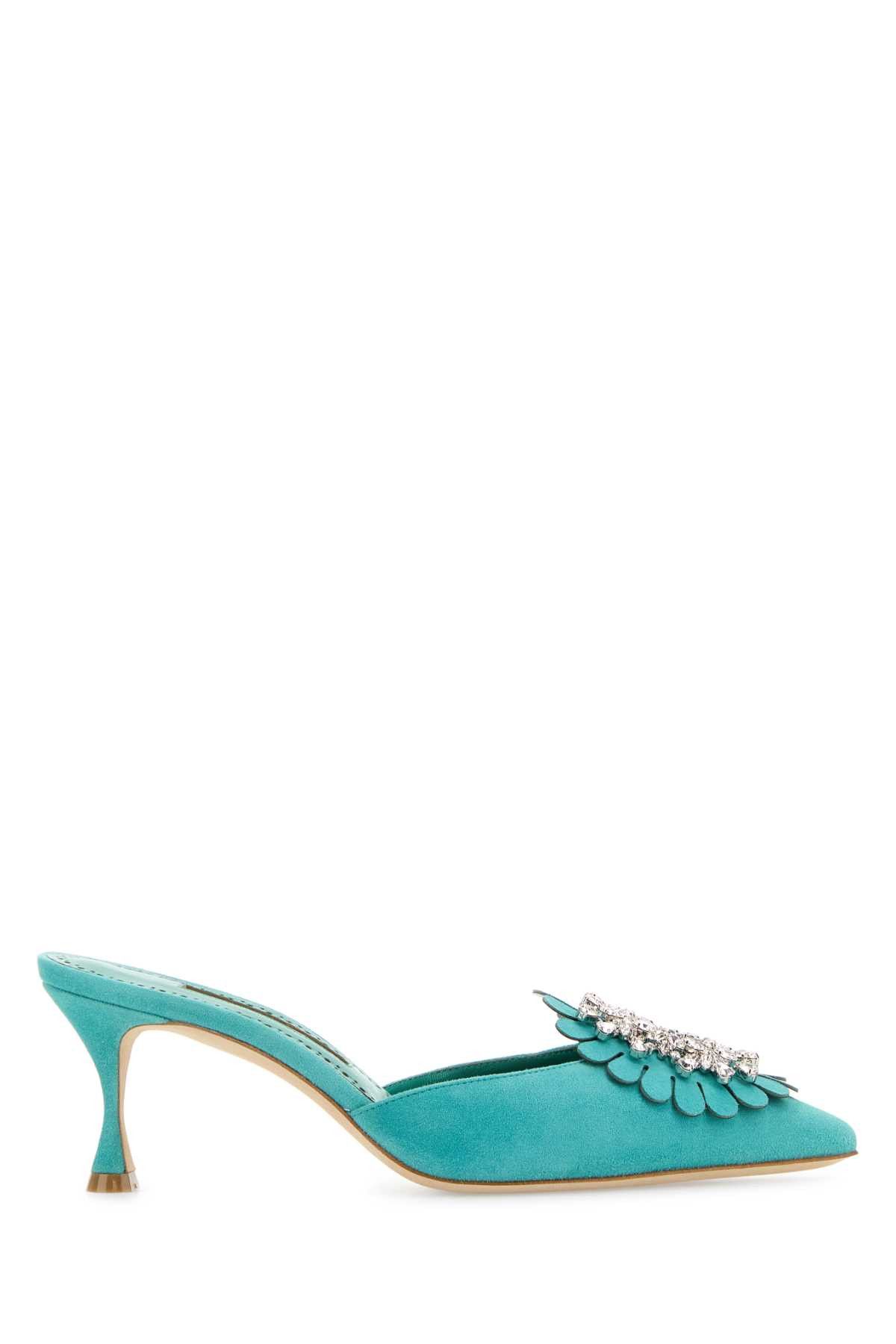 Manolo Blahnik Turquoise Suede Shogmu Mules Size US 6 / IT 36 - 1 Thumbnail