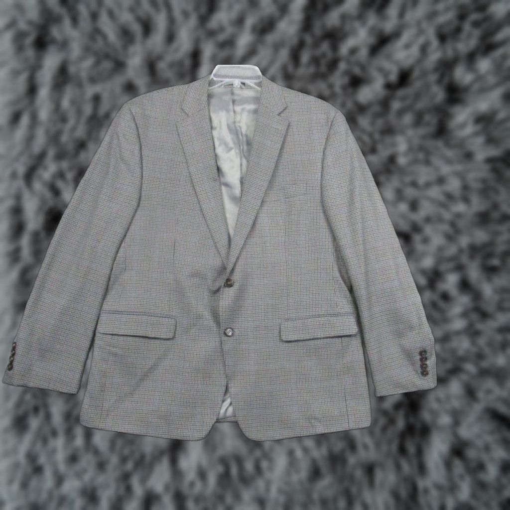 Ralph Lauren VINTAGE LAUREN RALPH LAUREN Blazer 44R Gray Plaid Polyester Stretch Jacket Single-Breasted Notch Lapel Men Size 44R - 1 Thumbnail