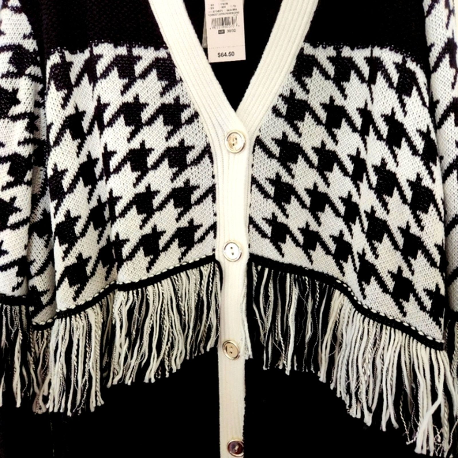 Other BLACK /WHITE HOUNDSTOOTH ☆ FRINGED ☆ LONG CARDIGAN 5x ☆ NWT Size 4XL / US 24-26 - 5 Thumbnail