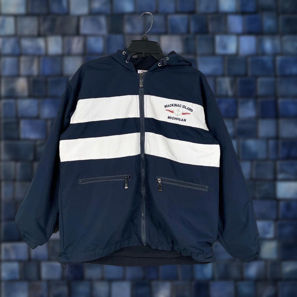 Vintage Mackinac Island Michigan Jacket Mens Small Navy Hooded Windbreaker Rain Coat Zip Lined Water Resistant Dimco Apparel Navy Striped Front Zipper Pockets Size US S / EU 44-46 / 1 - 1 Thumbnail