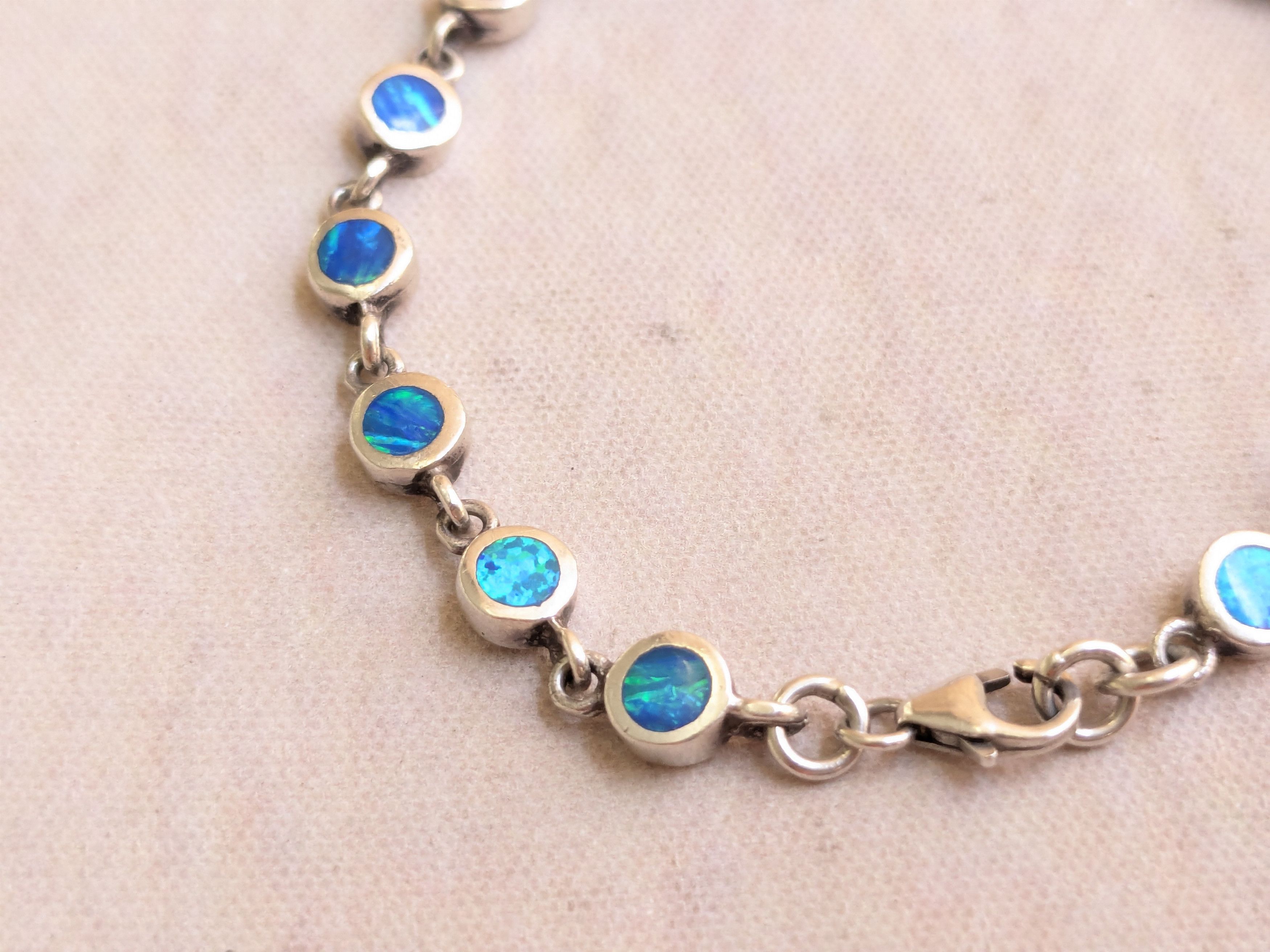 Sterling Silver Sterling Silver Tennis Bracelet Blue Fire Opal 7" Size ONE SIZE - 12 Thumbnail