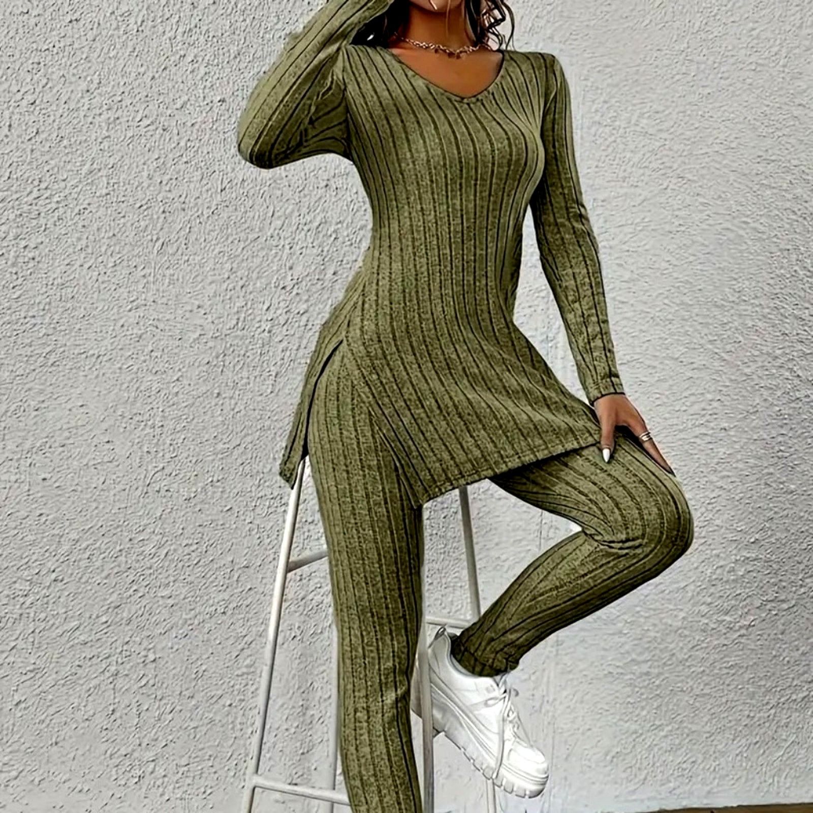 Other Casual Ribbed Knit Two-piece Set - Army Green - size M Size 29" - 3 Thumbnail