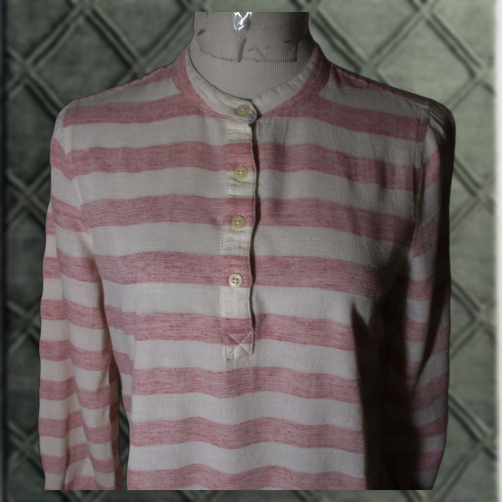 Lucky Brand LUCKY BRAND Pink Beige Pleated Hem Top M Shirt Womens Long Sleeve Button-Up V-Neck Knit Cotton Casual All Seasons Size M / US 6-8 / IT 42-44 - 1 Thumbnail