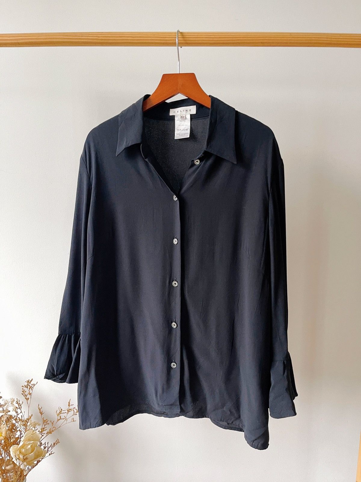 Celine Vintage Celine 100% Silk Ruffle Sleeve Blouse Shirt Black Size M / US 6-8 / IT 42-44 - 1 Thumbnail