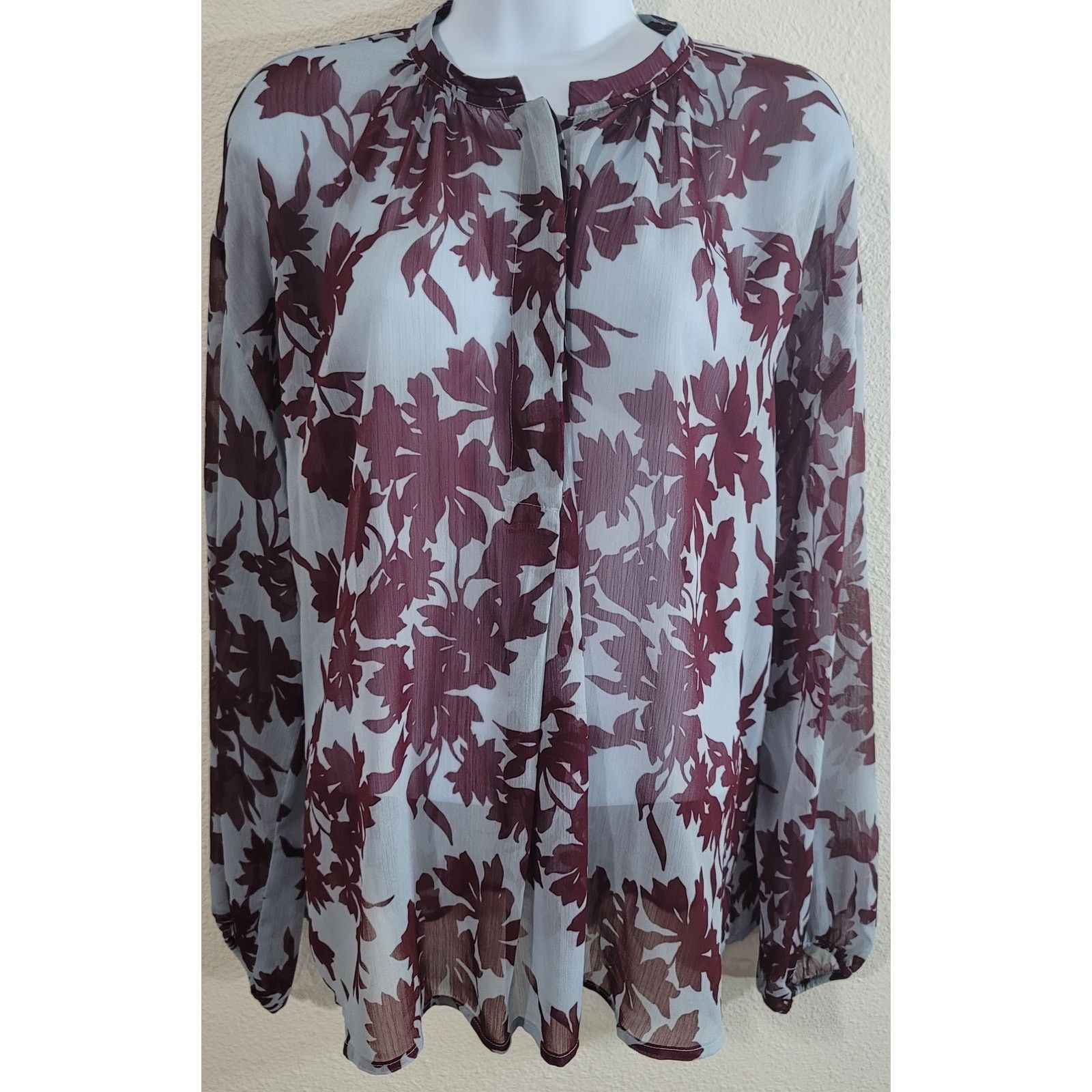 Other A New Day Blue Burgundy Sheer Floral Top XXL Band Collar Size XXL / US 16-18 / IT 52-54 - 1 Thumbnail