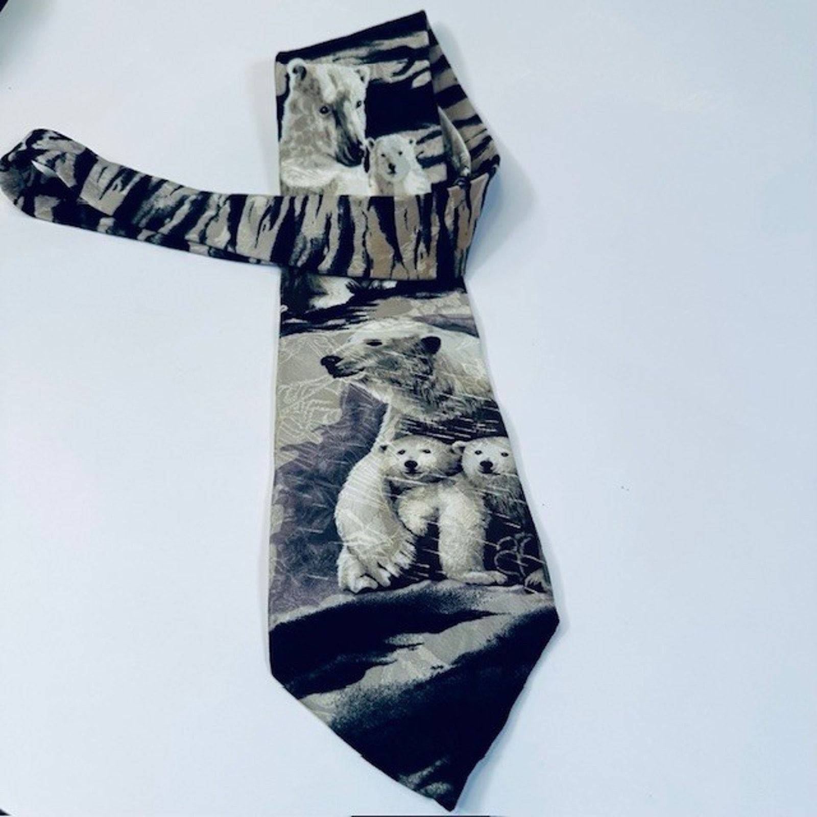Other Endangered Species Tie Artic Polar Bears, Blk/White/Blu Silk Size ONE SIZE - 10 Thumbnail
