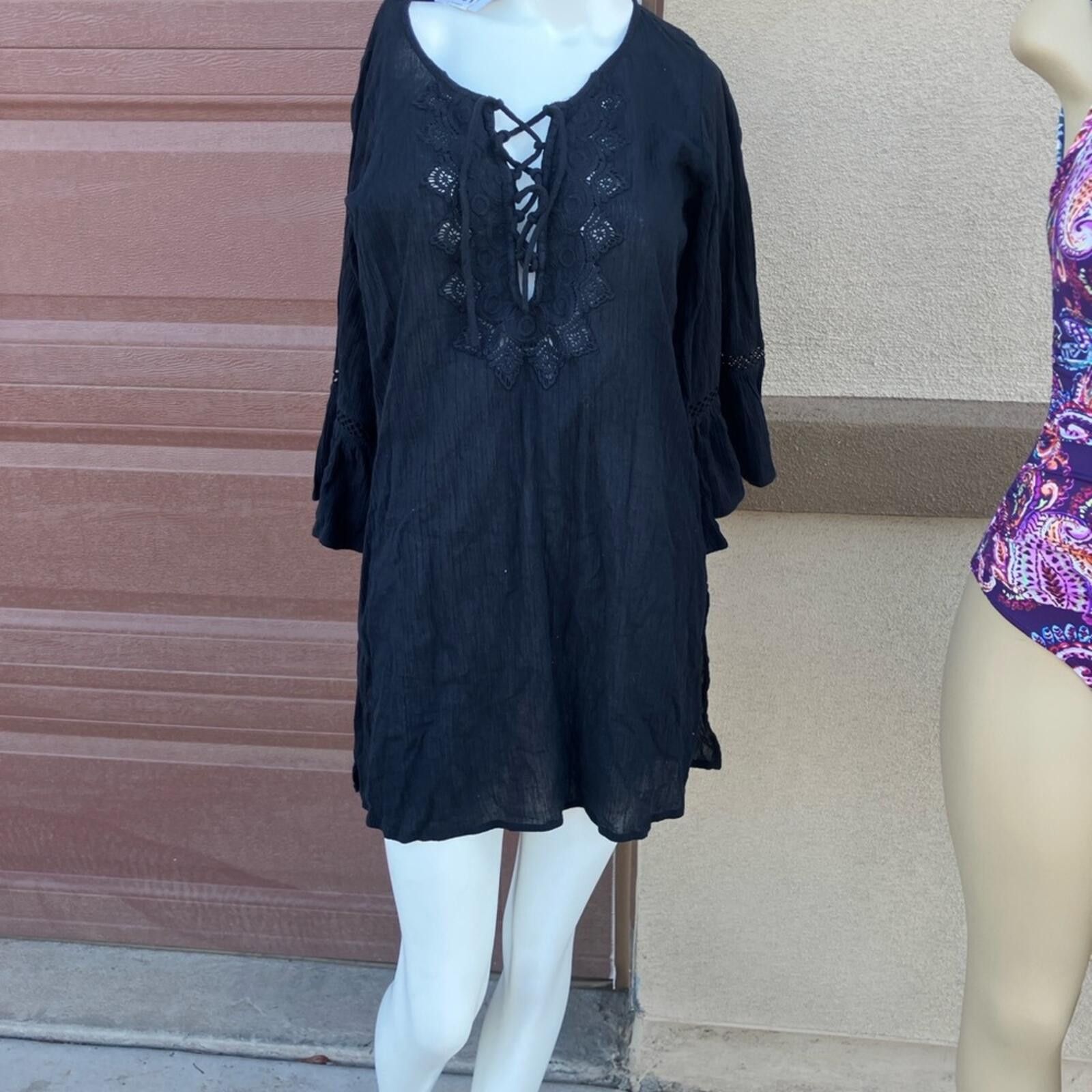 O'Neill NWT O'Neill Black Lace-Up Crochet Swim Coverup Tunic Size ONE SIZE - 5 Thumbnail