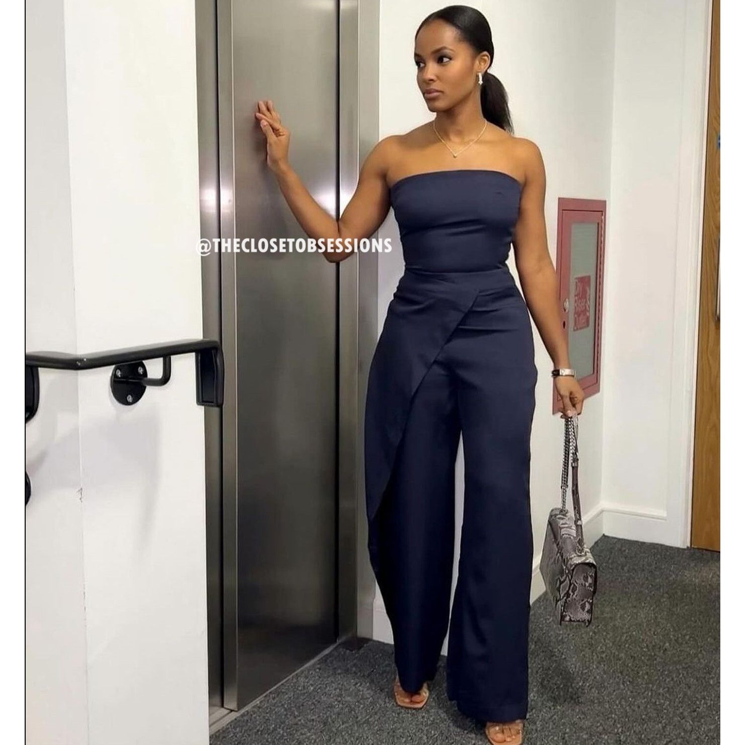 Zara ZARA Navy Strapless Wide Leg Jumpsuit Elegant Palazzo NWT Size 32" / US 10 / IT 46 - 19 Thumbnail