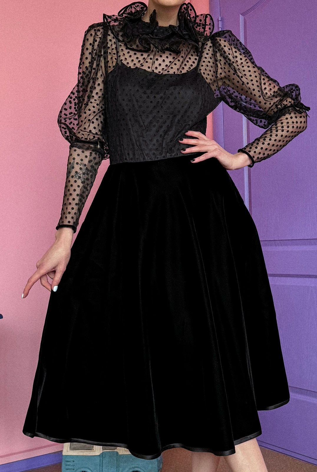 image of Givenchy Vintage 1970 Women’S Dress Tulle & Velvet Midi Gown in Black, Women's (Size Small)