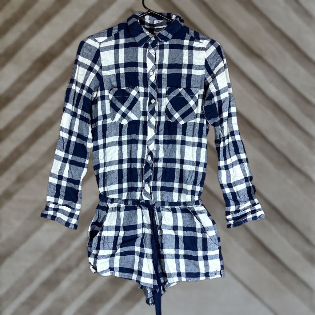 Vintage Aerie Womens Romper Navy White Plaid Flannel Collared Long Sleeve Drawstring XS Size XS / US 0-2 / IT 36-38 - 1 Thumbnail