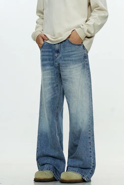 VIBE Washed blue simple men's loose straight high street jeans Size US 32 / EU 48 - 2 Thumbnail