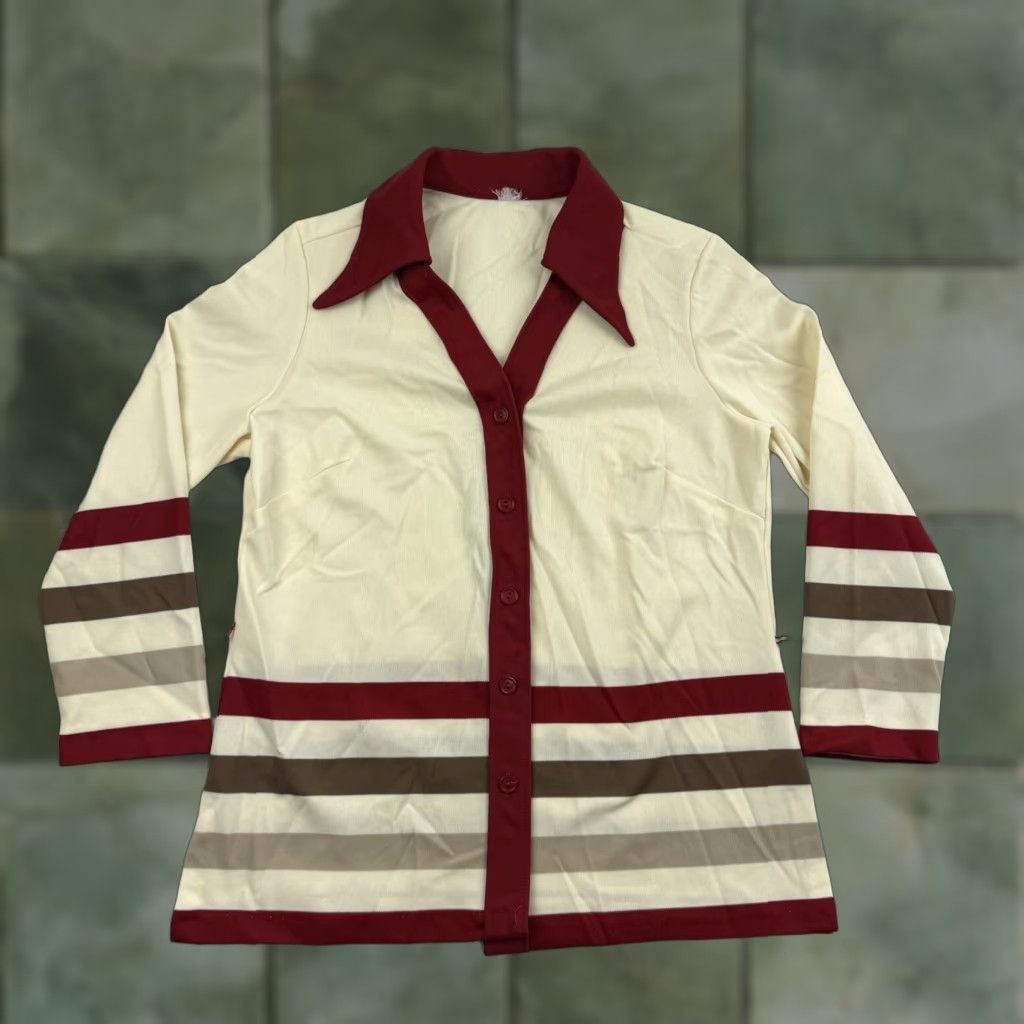 VINTAGE Blouse Womens Large Cream Red Button-Up Collared USA 70s 60s Long Sleeve Ivory Womens Large