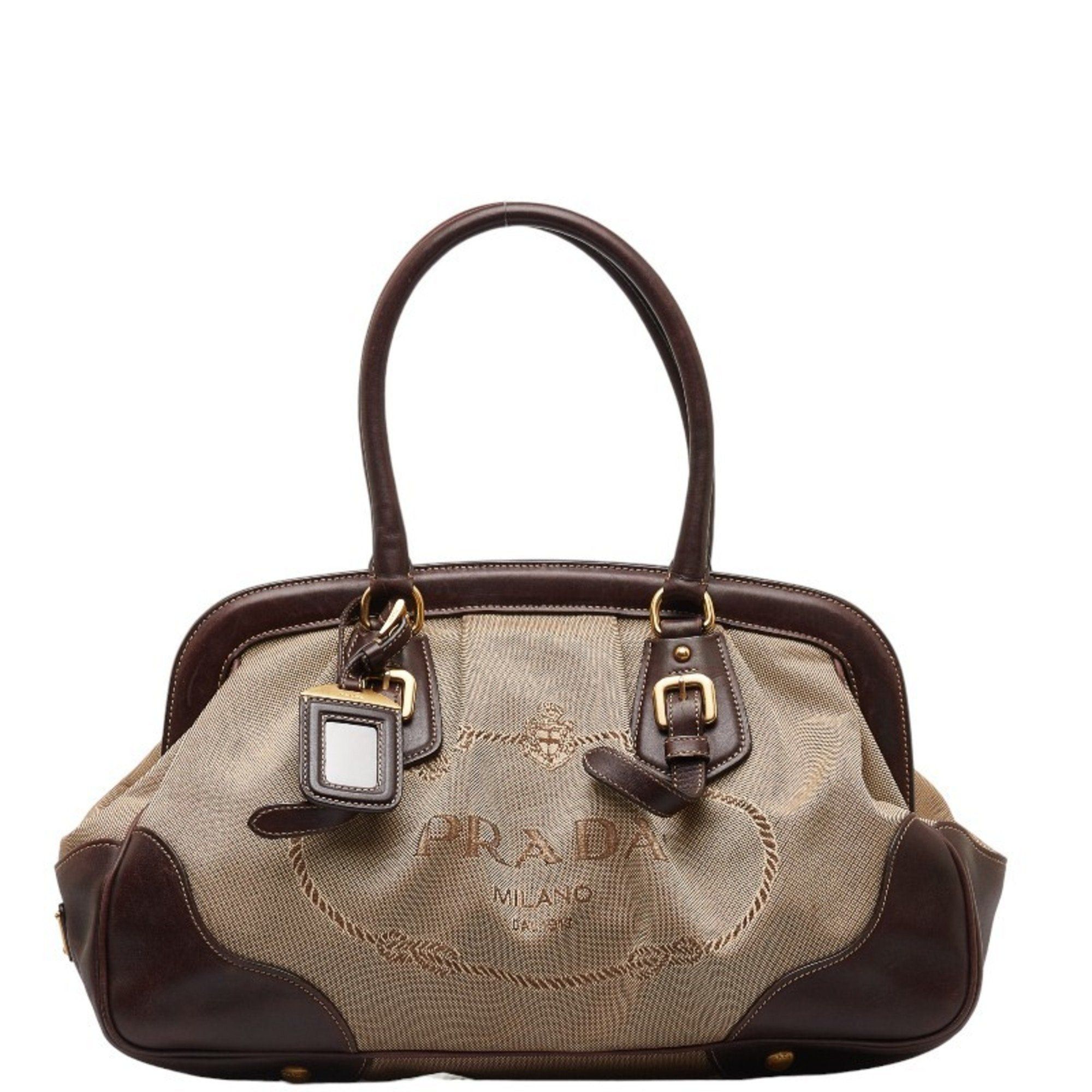 image of Prada Jacquard Handbag Tote Bag Beige Brown Canvas Leather Women's in White